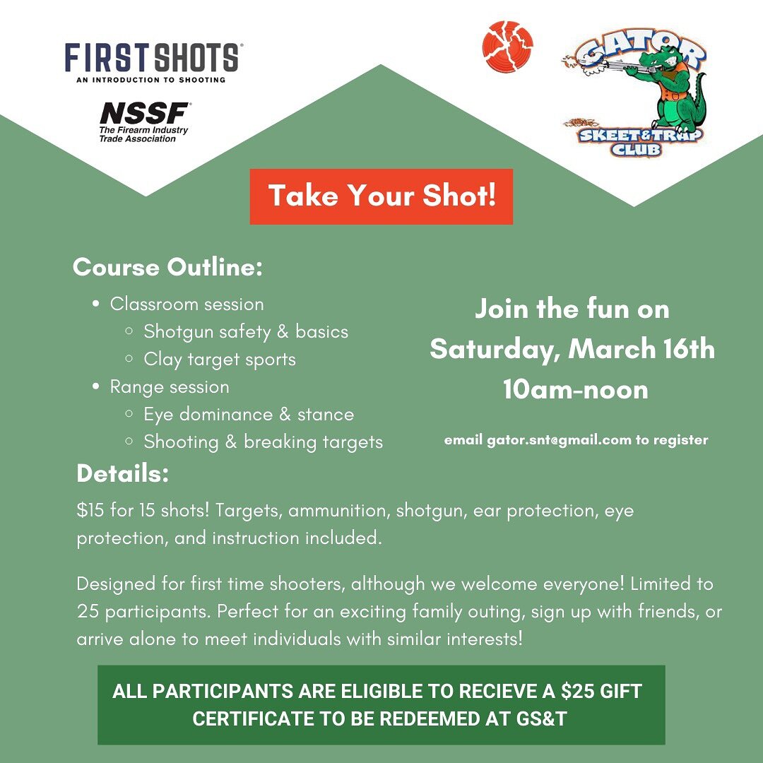 - Looking to try something new? 
- Educate your kids on firearm safety? 
- Test out a fun hobby? 
- Still haven&rsquo;t taken your First Shots?
✅ All of the above! 

Join us for First Shots on Saturday, March 16th