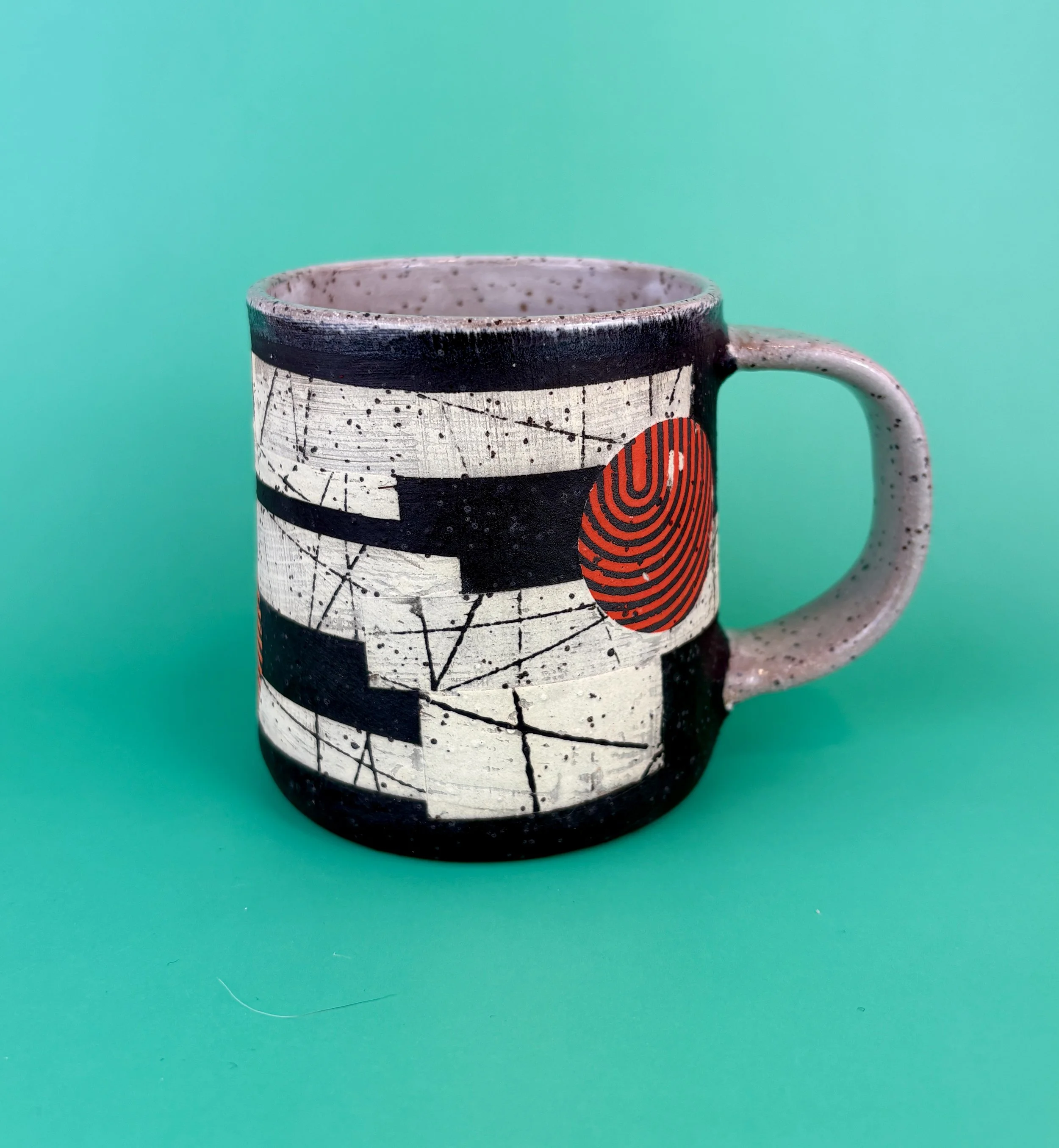 Black and White Monoprint Mug w/ Red Circles
