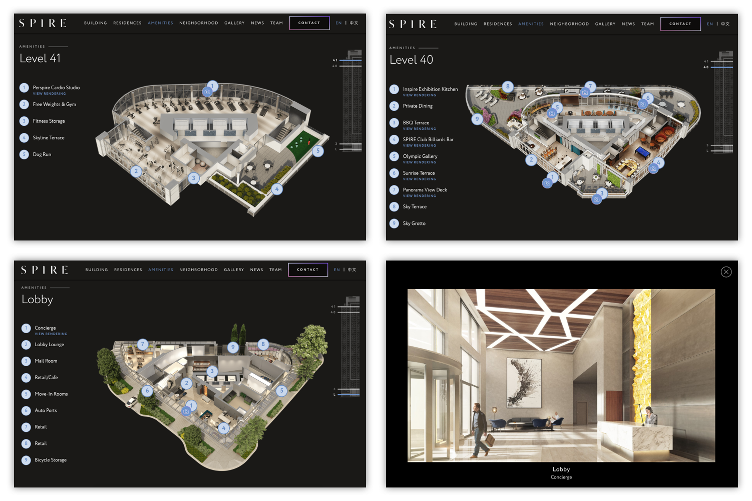 Aerial dollhouse renderings were given context by linking them to the architectural wireframe of the building.