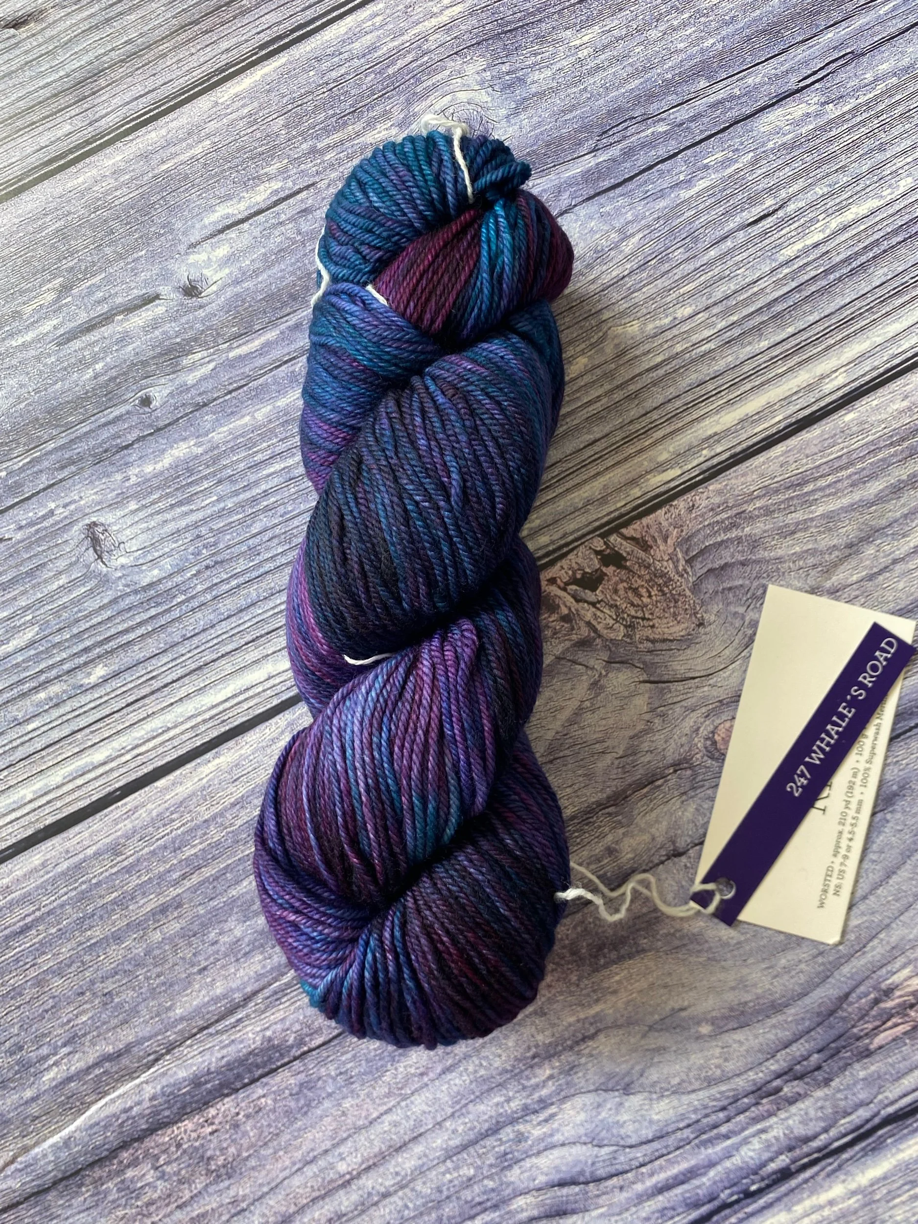 Malabrigo rios whales road, merino wool, hand dyed yarn, blue purple merino wool