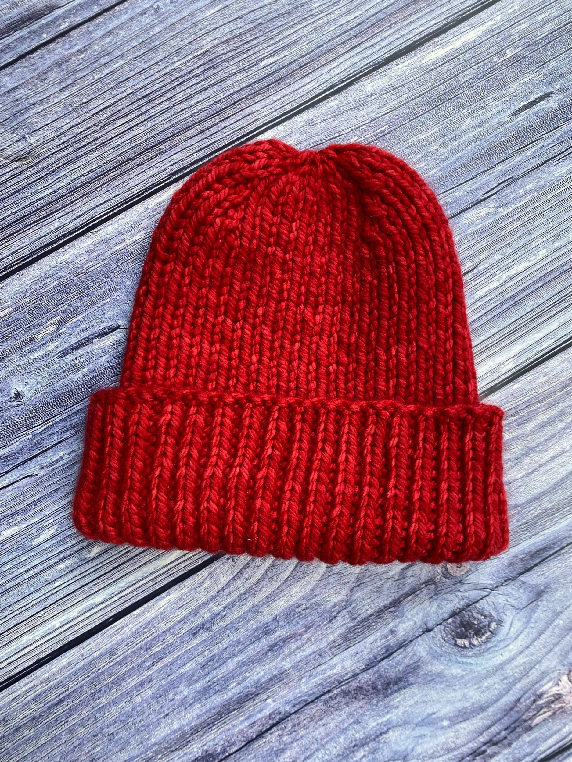 100% Merino Wool Rib Beanie in Ravelry Red