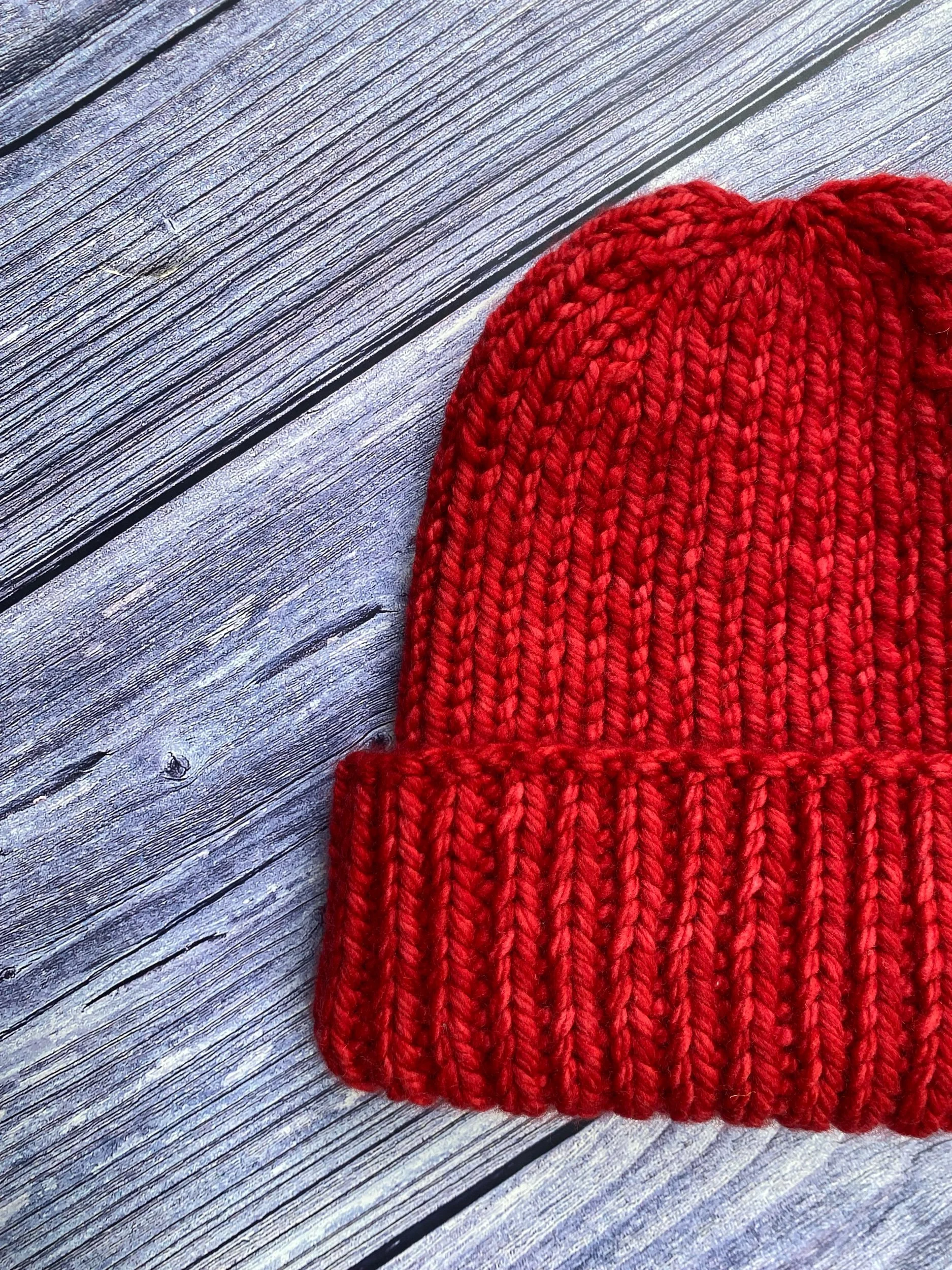 100% Merino Wool Rib Beanie in Ravelry Red
