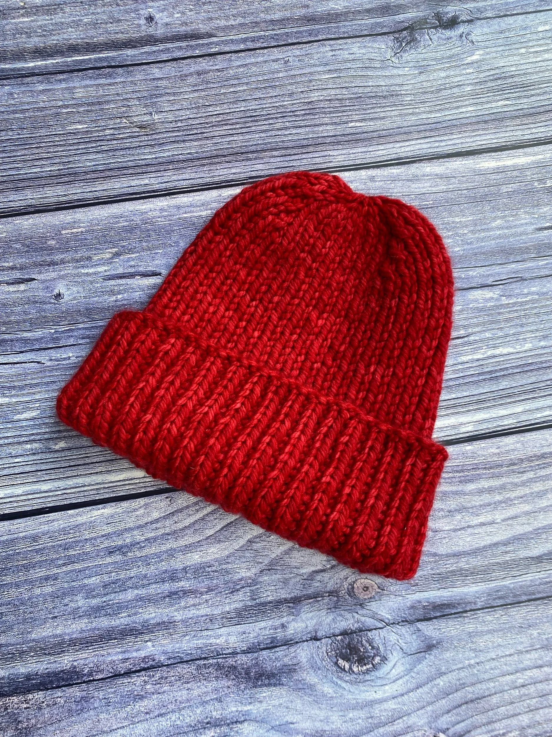 100% Merino Wool Rib Beanie in Ravelry Red