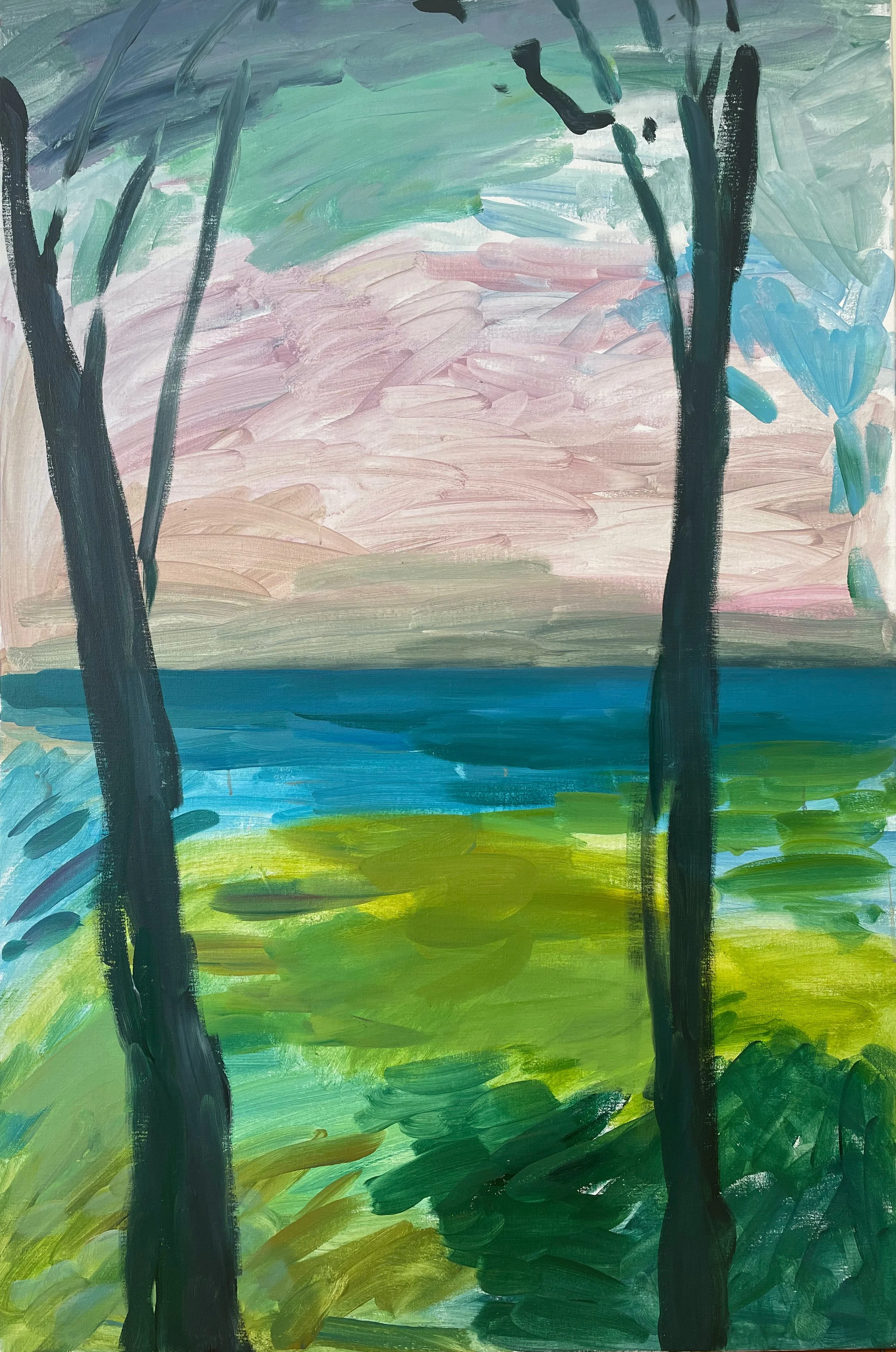 Through two trees 5, acrylic on linen, 122 x 81cm, 2022