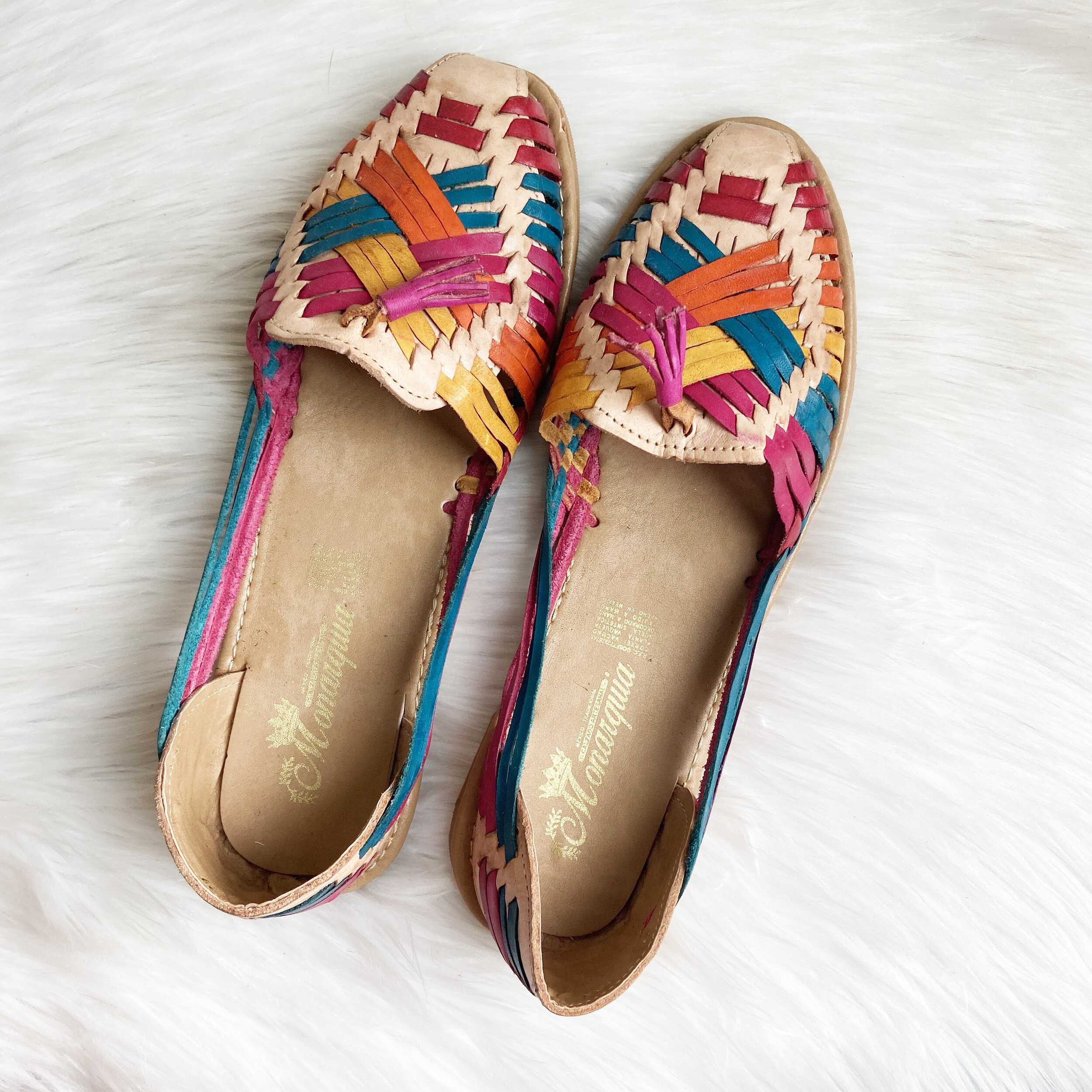 Huarache Mexican Sandals with Pink Tassel Rainbow