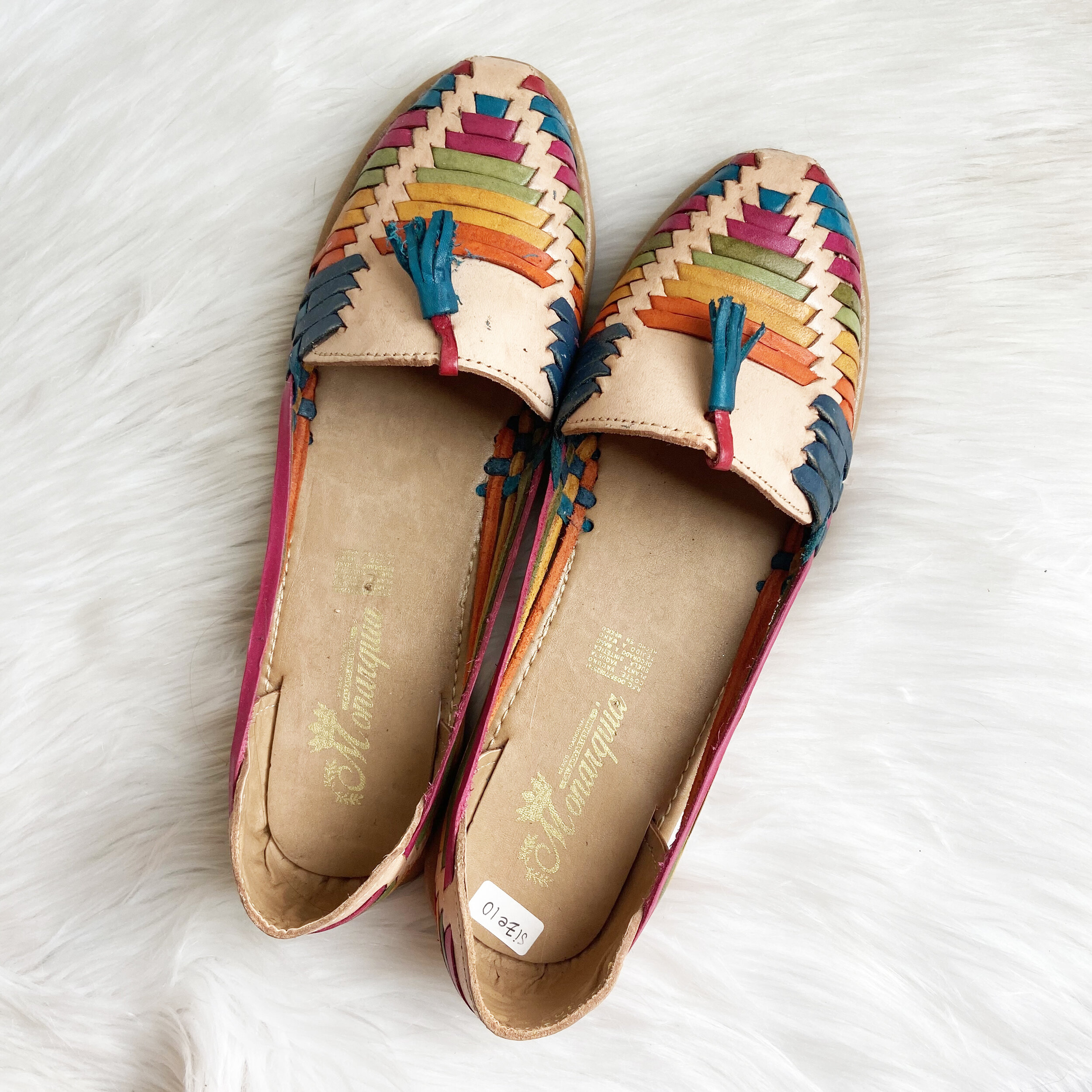 Huarache Mexican Sandals with Blue Tassel Rainbow