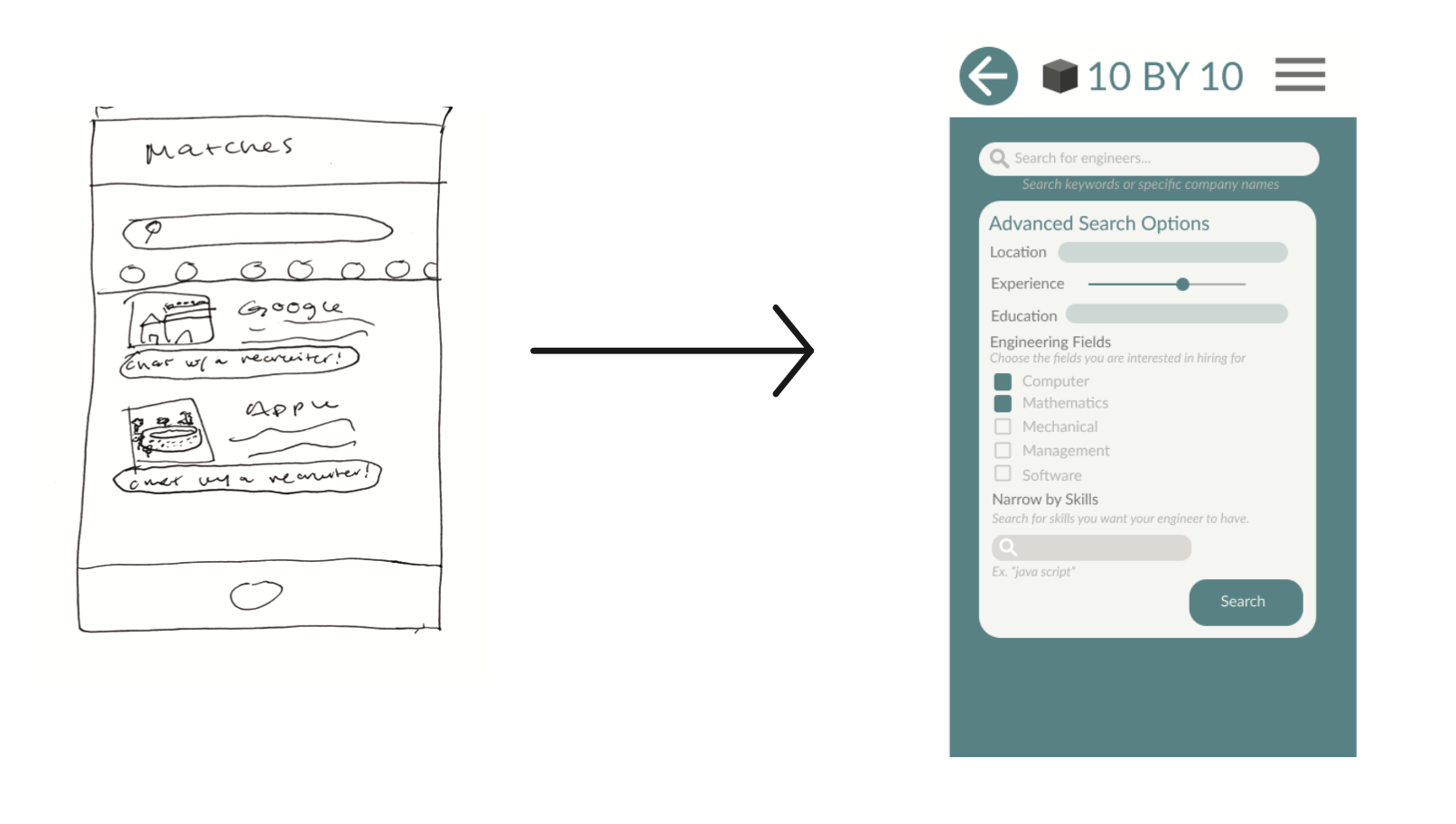Search screen concept sketch versus final design