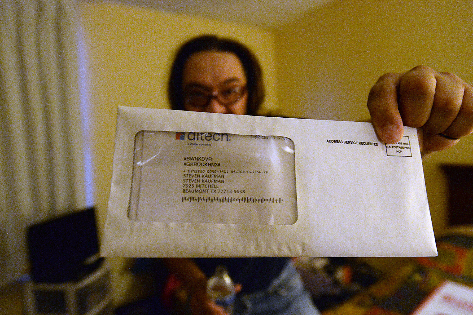  Steven Kaufman shows the monthly mortgage bill the family received in the mail that day. The family have been staying at the Beaumont Lodge on a FEMA voucher after evacuating their flooded home 3 weeks ago. Kaufman says they won't be able to continu