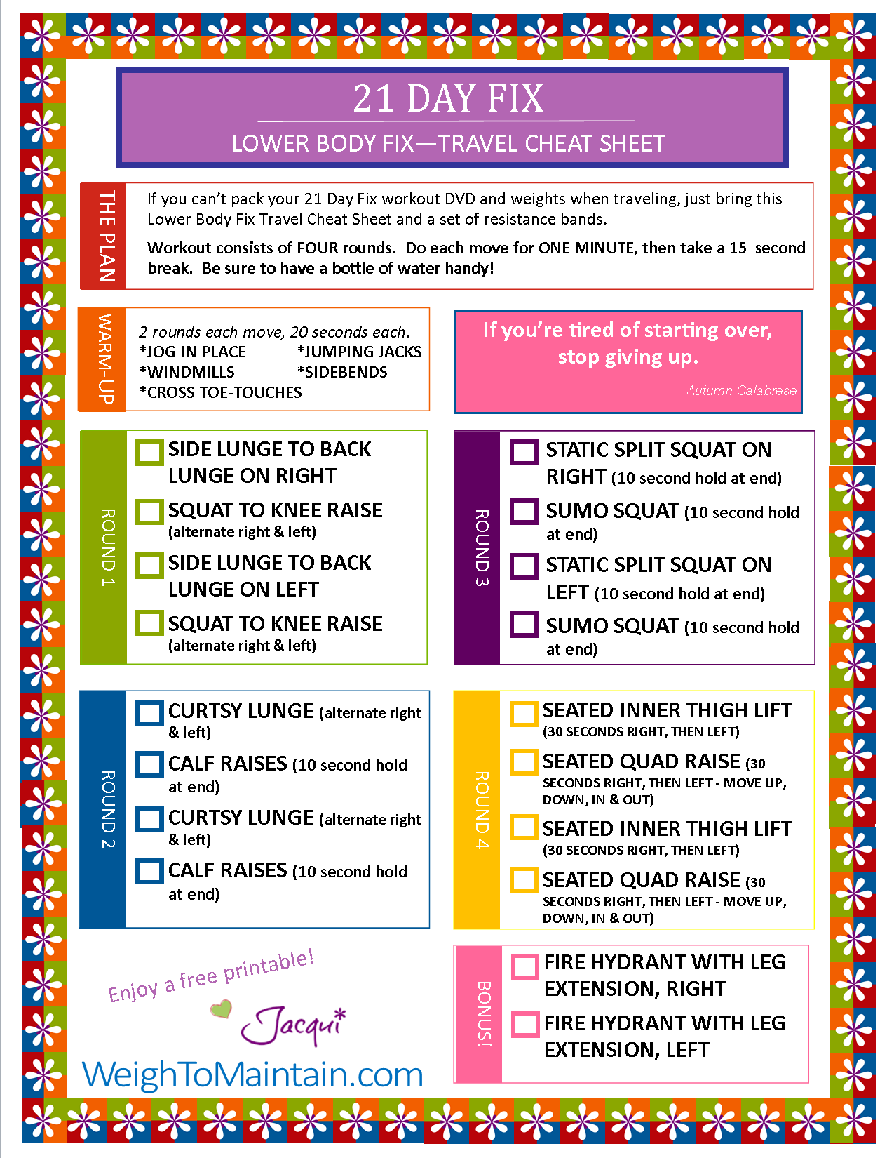 21 Day Fix Workout - Lower Body Fix Printable PDF - Travel Cheat Sheet ...