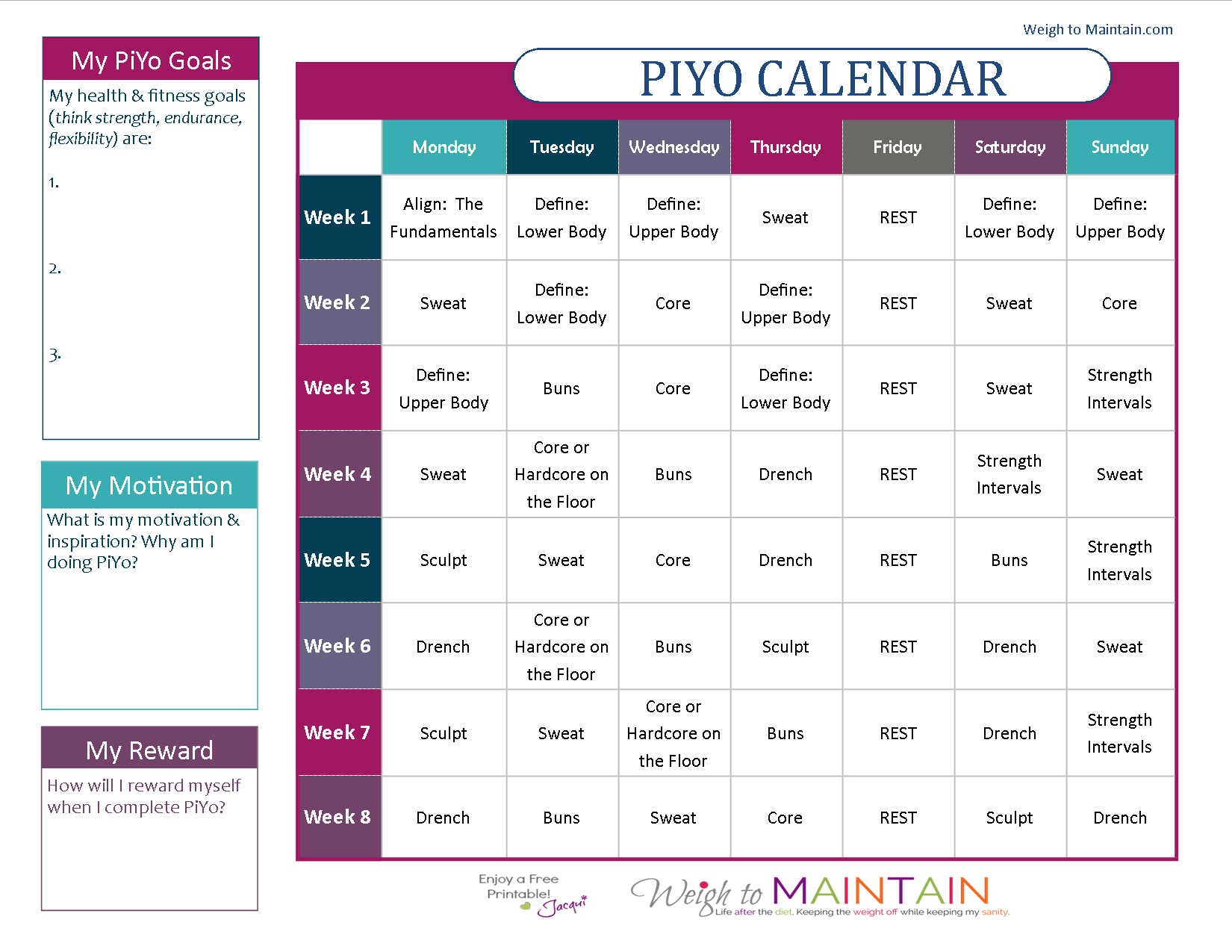 Printable PiYo Calendar and Workout Schedule — PLAN A HEALTHY LIFE