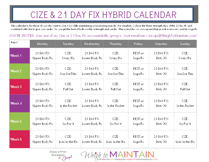 Cize And 21 Day Fix Hybrid Workout Calendar Free Printable PLAN A 