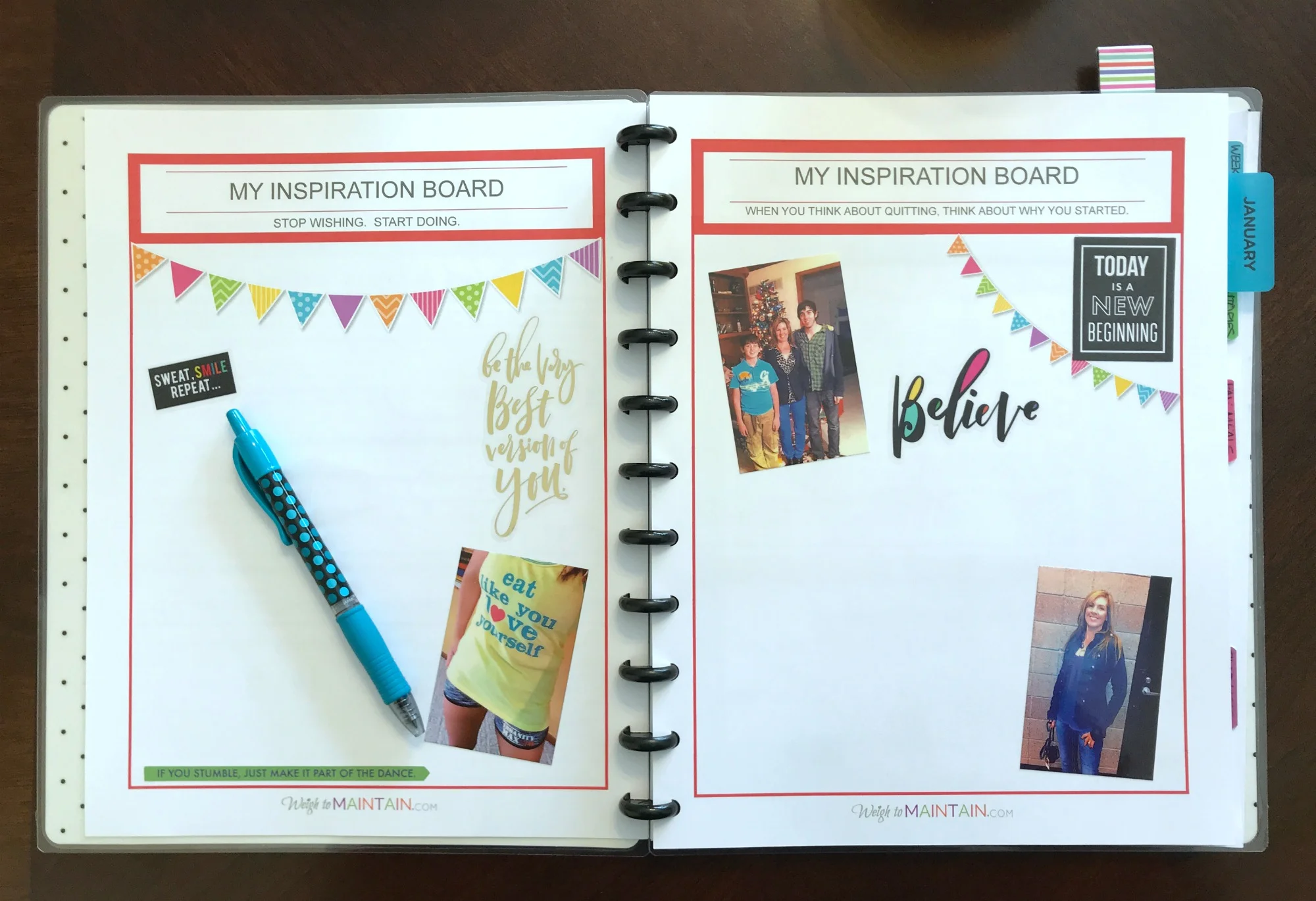 This inspiration board is in a printable fitness planner .