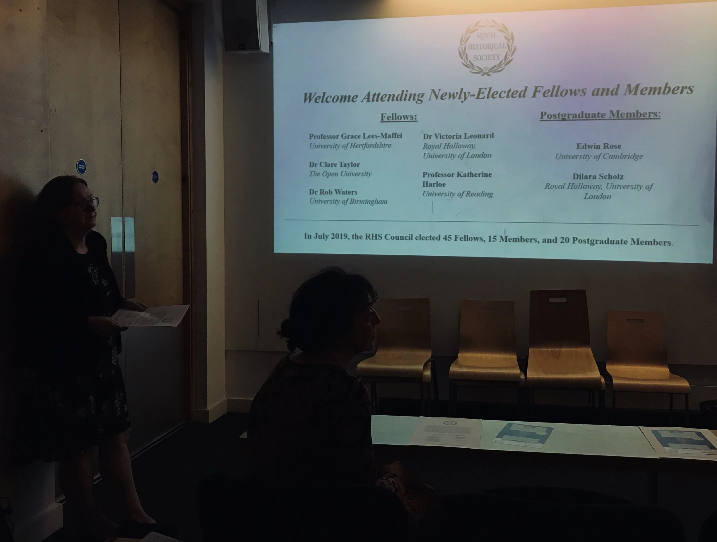 Prof. Margot Finn (left) and Prof. Penny Roberts at the Royal Historical Society September lecture.
