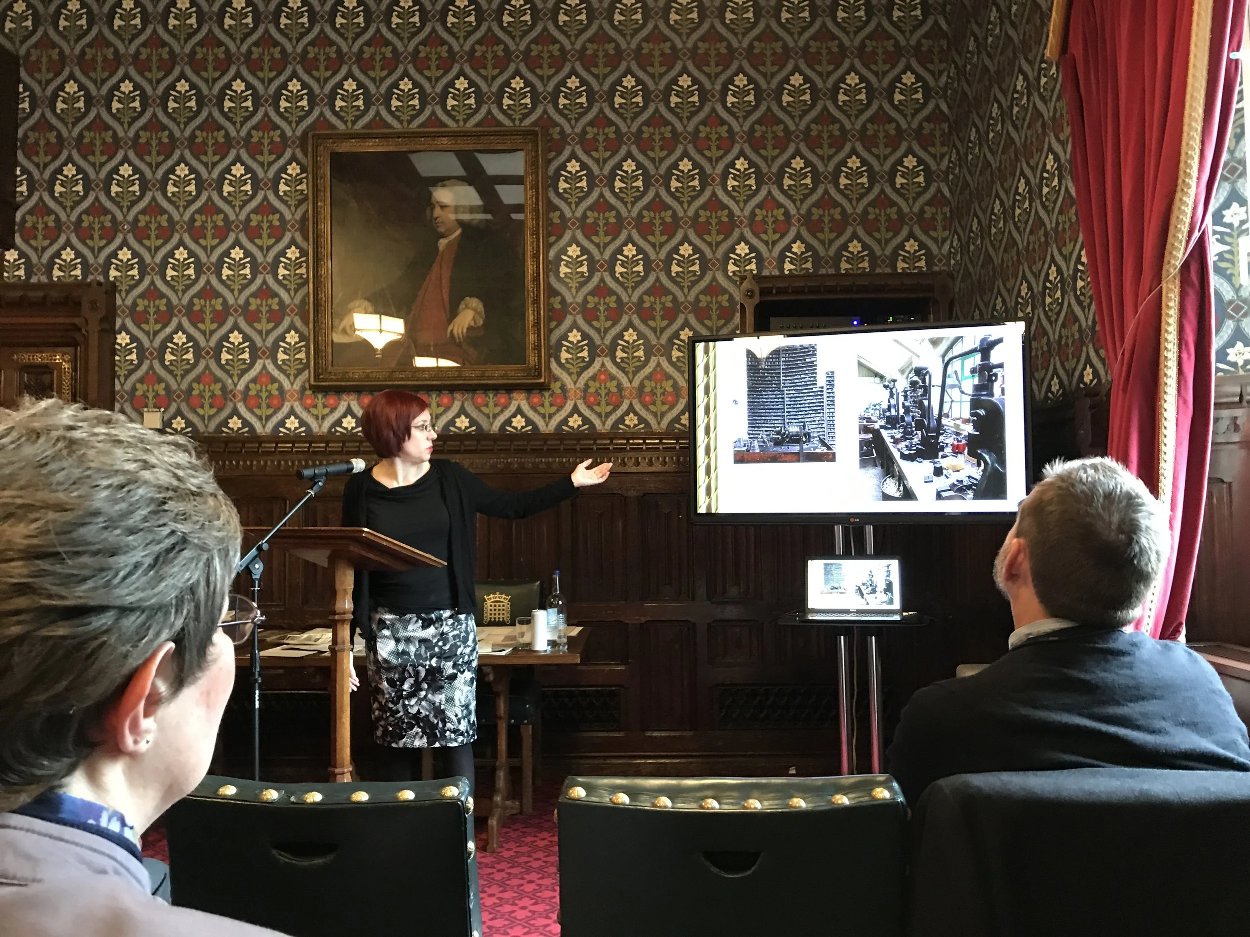 Jamie Jacobs (University of Kent) speaking about Pugin and Hardmans metalwork in the Jubilee Room at the Palace of Westminster.