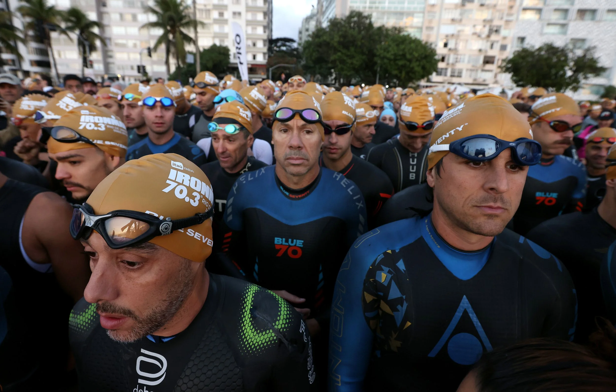 Athletes line up at the age group swim start to compete in the BBA IRONMAN 70.3 Rio de Janeiro, racing through one of the sport’s most scenic and celebrated courses.