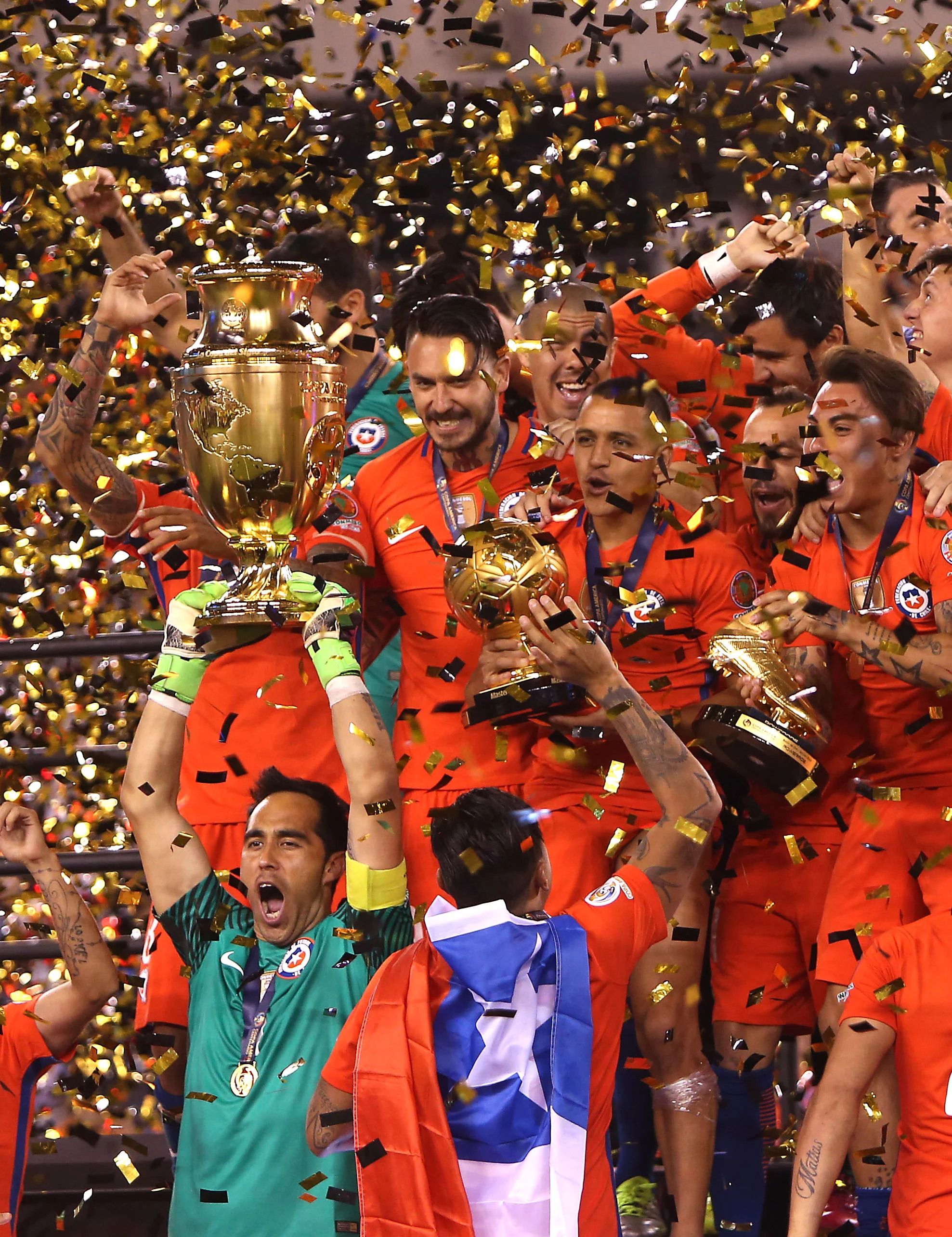 Chile celebrates after beating Argentina on penalty kicks after scoreless 120 minutes to win the Copa America title. East Rutherford, NJ
