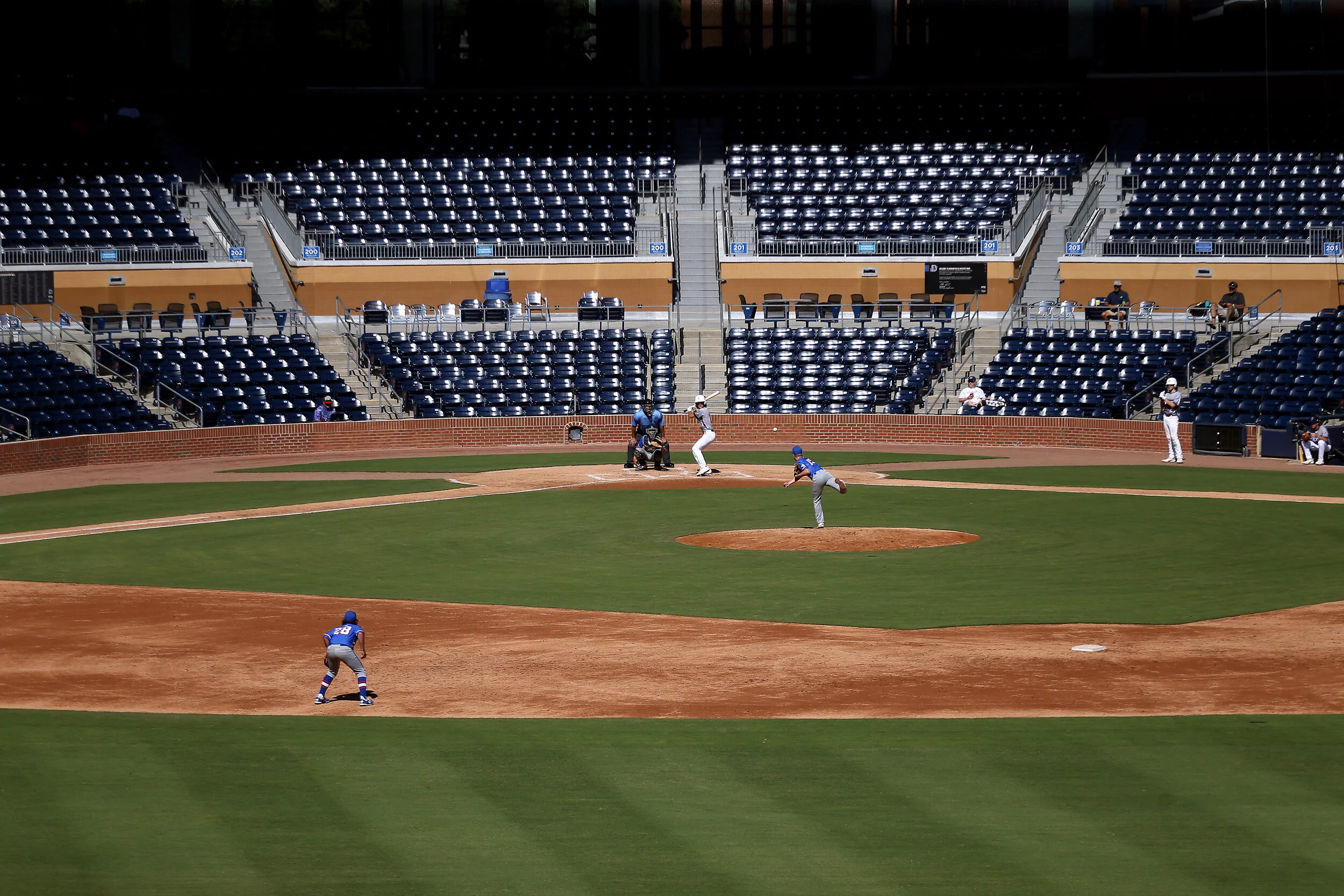 Stands are empty during a high school game at Historic Durham Athletic Park during the Coronovirus pandemic