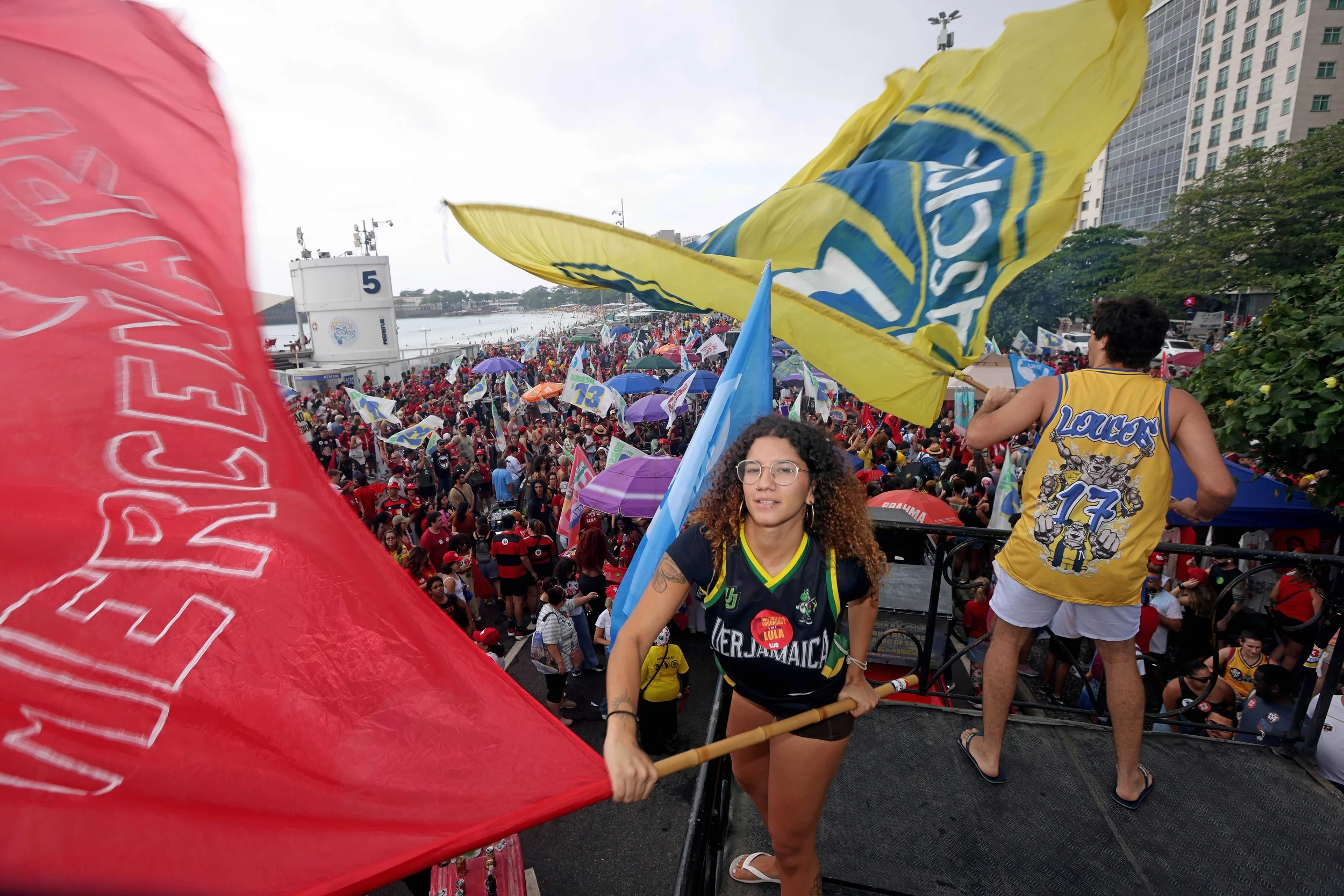 Thousands of supporters gather in Copacabana, Rio de Janeiro, Brazil, on October 12, 2026, for a pro-democracy demonstration
