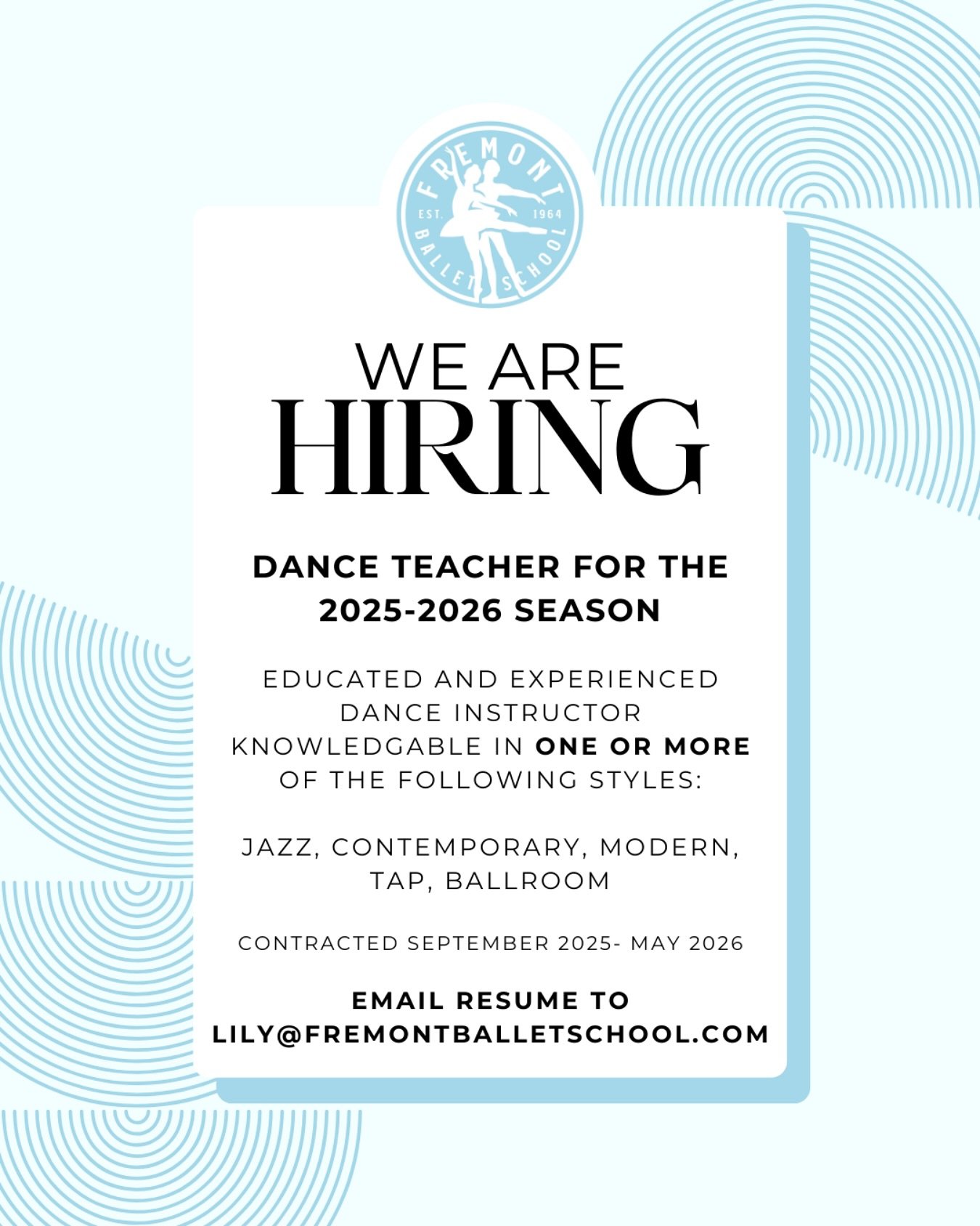 Exciting news! We are hiring! The Fremont Ballet School in Fremont, Ohio is looking to add an instructor to our dance family who is well educated, experienced, kind, patient, and creative. Please email lily@fremontballetschool.com to connect with us.