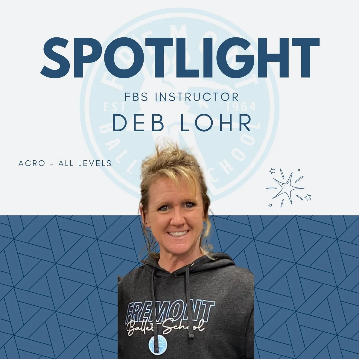 Teacher spotlight! Today we are featuring our incredible Acrobatic Dance instructor, Mrs. Deb Lohr. Deb is the most wonderful person who is always willing to lend a hand or offer her care and advice. Our students adore Ms. Deb! Learn more about Deb:
