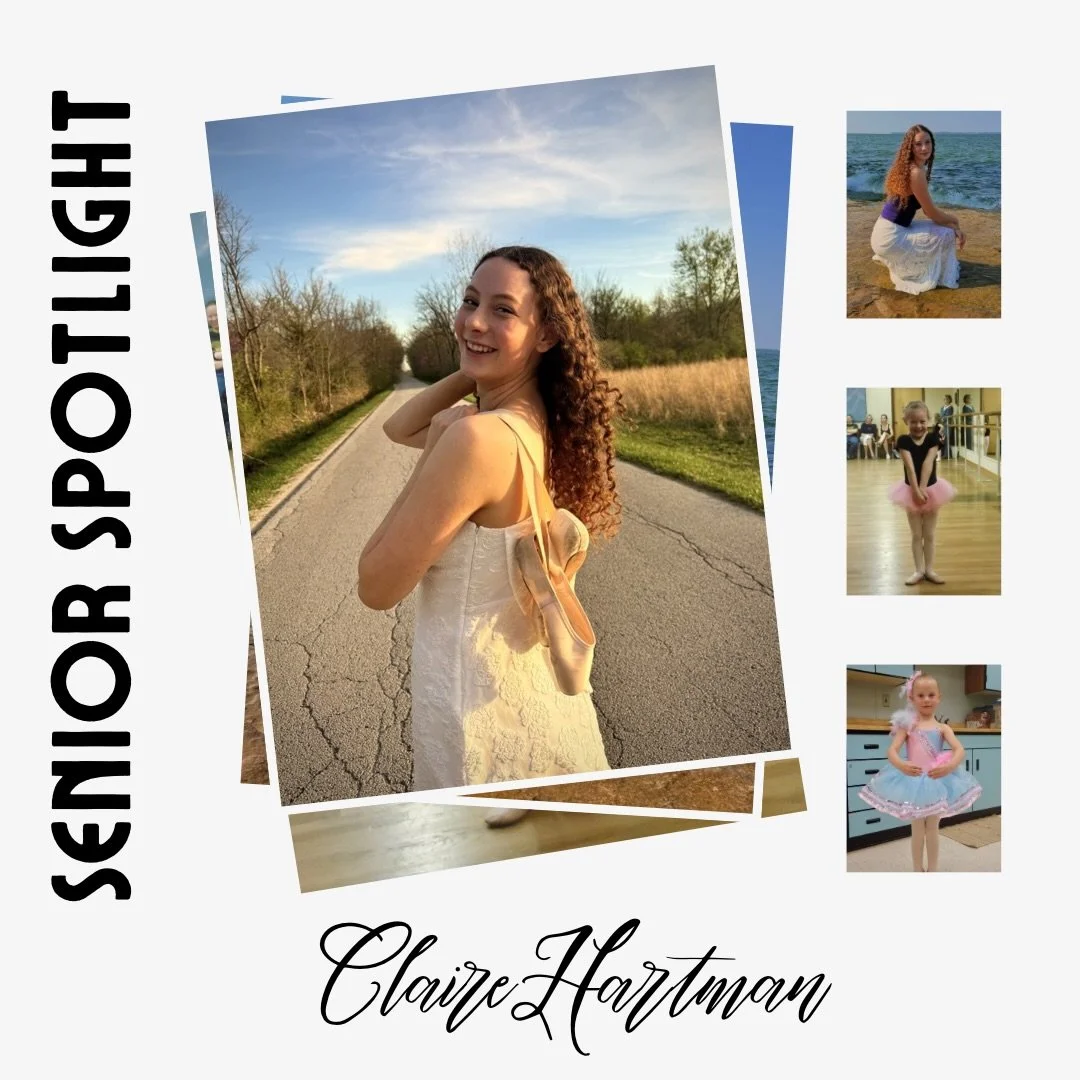 ✨🎓 Senior Spotlight: Claire Hartman

Last but not least, today we are featuring our lovely senior, Claire Hartman. Claire is graduating from Gibsonburg High School this year. Claire is dancing the role of Swanhilda&rsquo;s friend in Copp&eacute;lia.