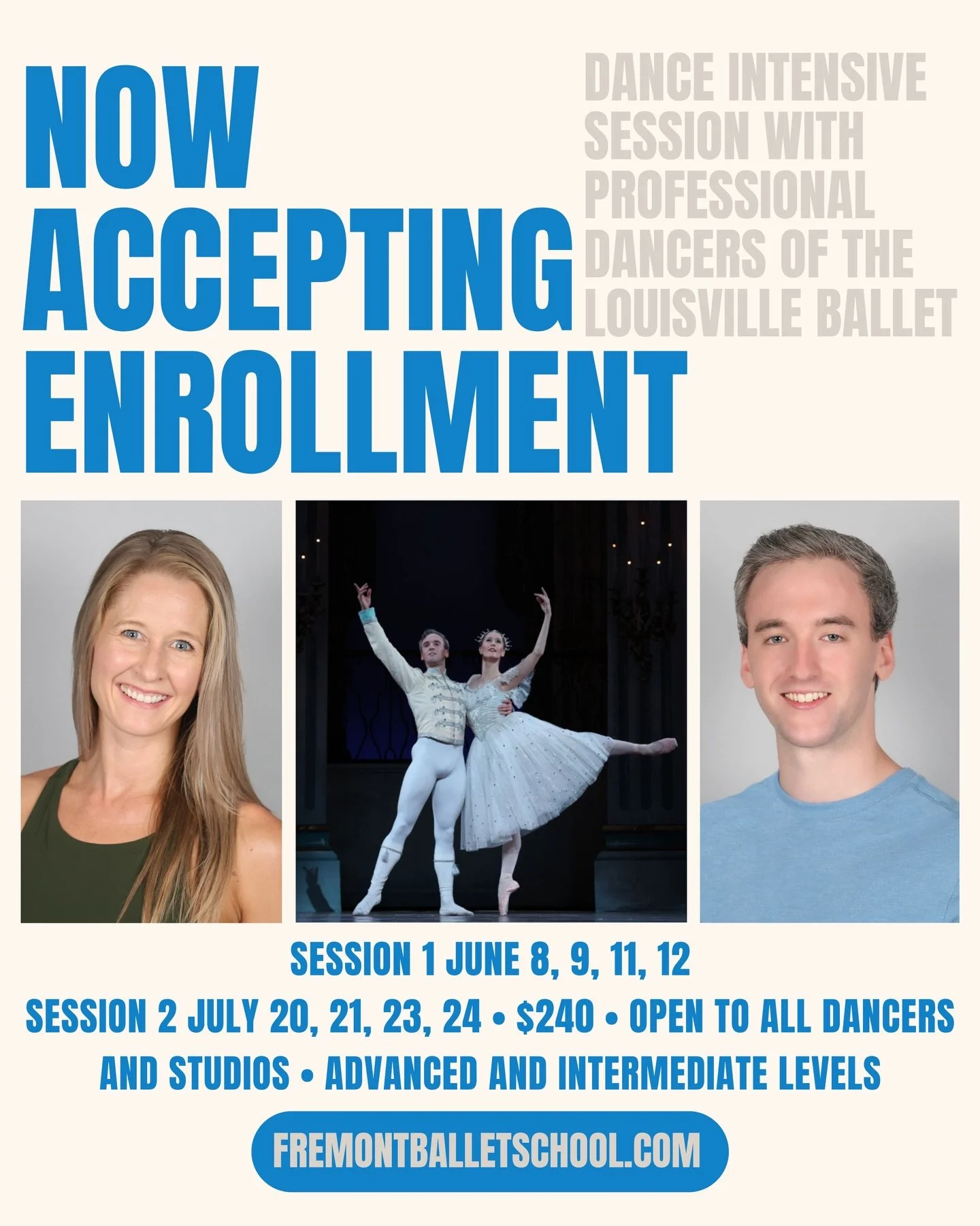 NOW ENROLLING! Dancers from ALL over Ohio, you won&rsquo;t want to miss this! Leigh Anne Albrechta and Joel Morin-Kensicki, professional dancers with the Louisville Ballet, are offering a 4 day summer intensive session at the Fremont Ballet School. D