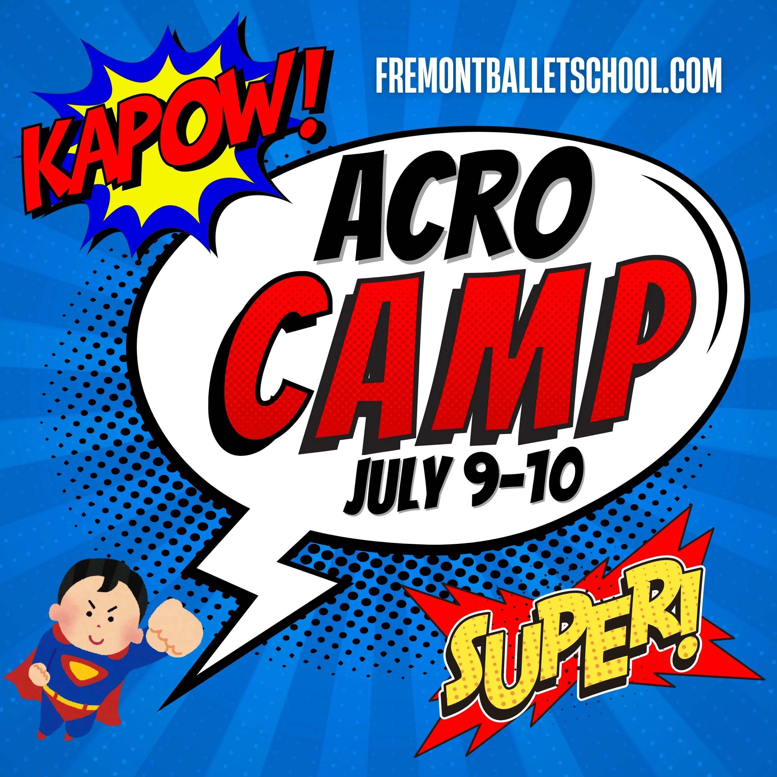 NOW ENROLLING: calling all superheroes, super-girls and super-boys! FBS Acro Camp is the perfect way for your little superhero to apply their energy to learn new skills this summer. July 9-10 &bull; 10am-12pm &bull; Ages 4+ &bull; $90 &bull; Visit ou