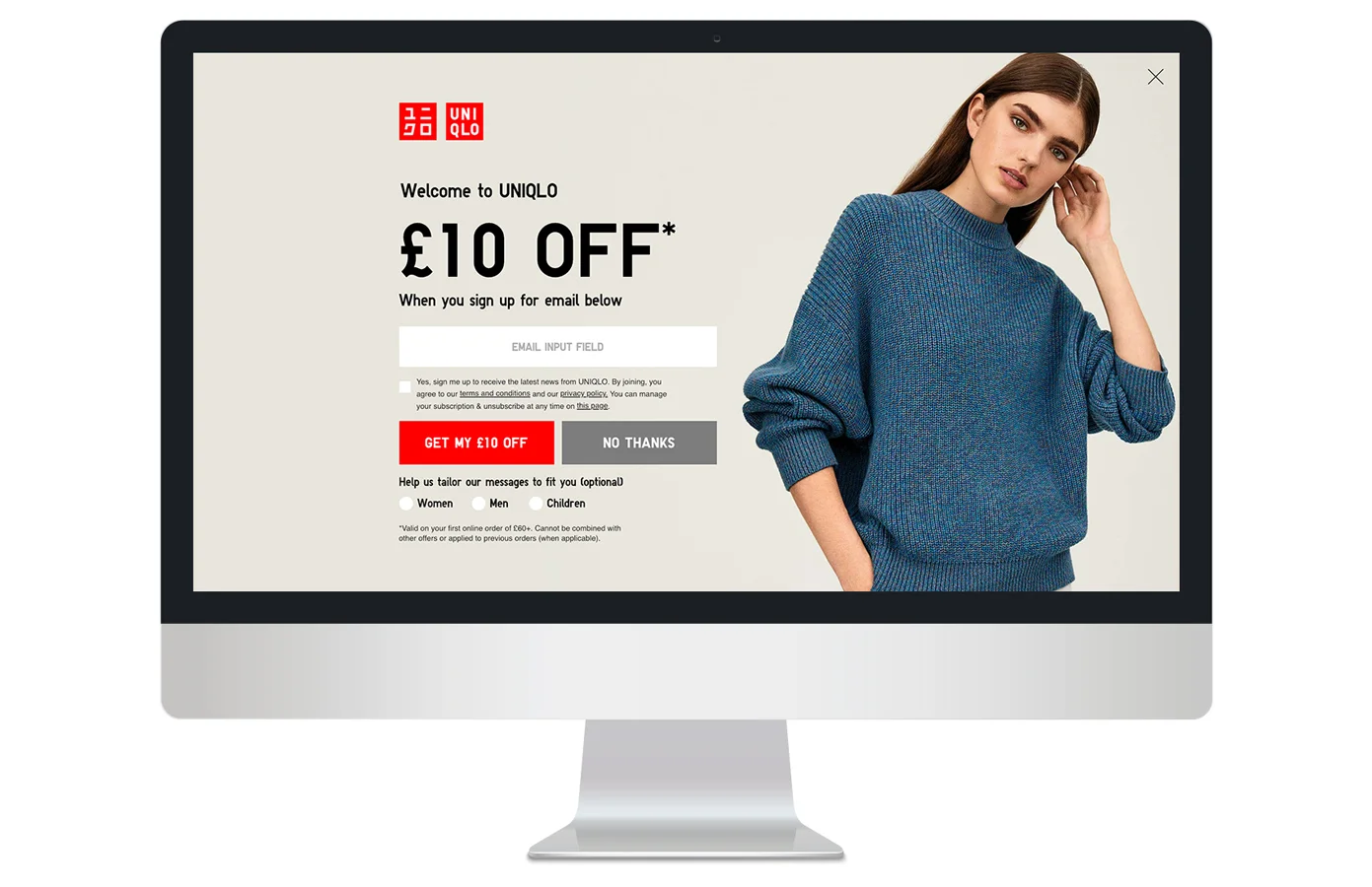 Full screen canvas female entrance overlay on desktop