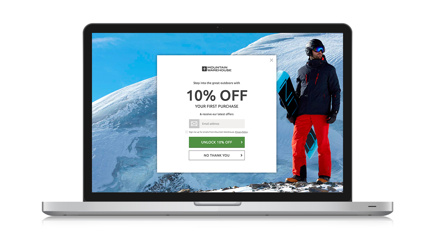 Mountain Warehouse - full screen entrance email capture on desktop