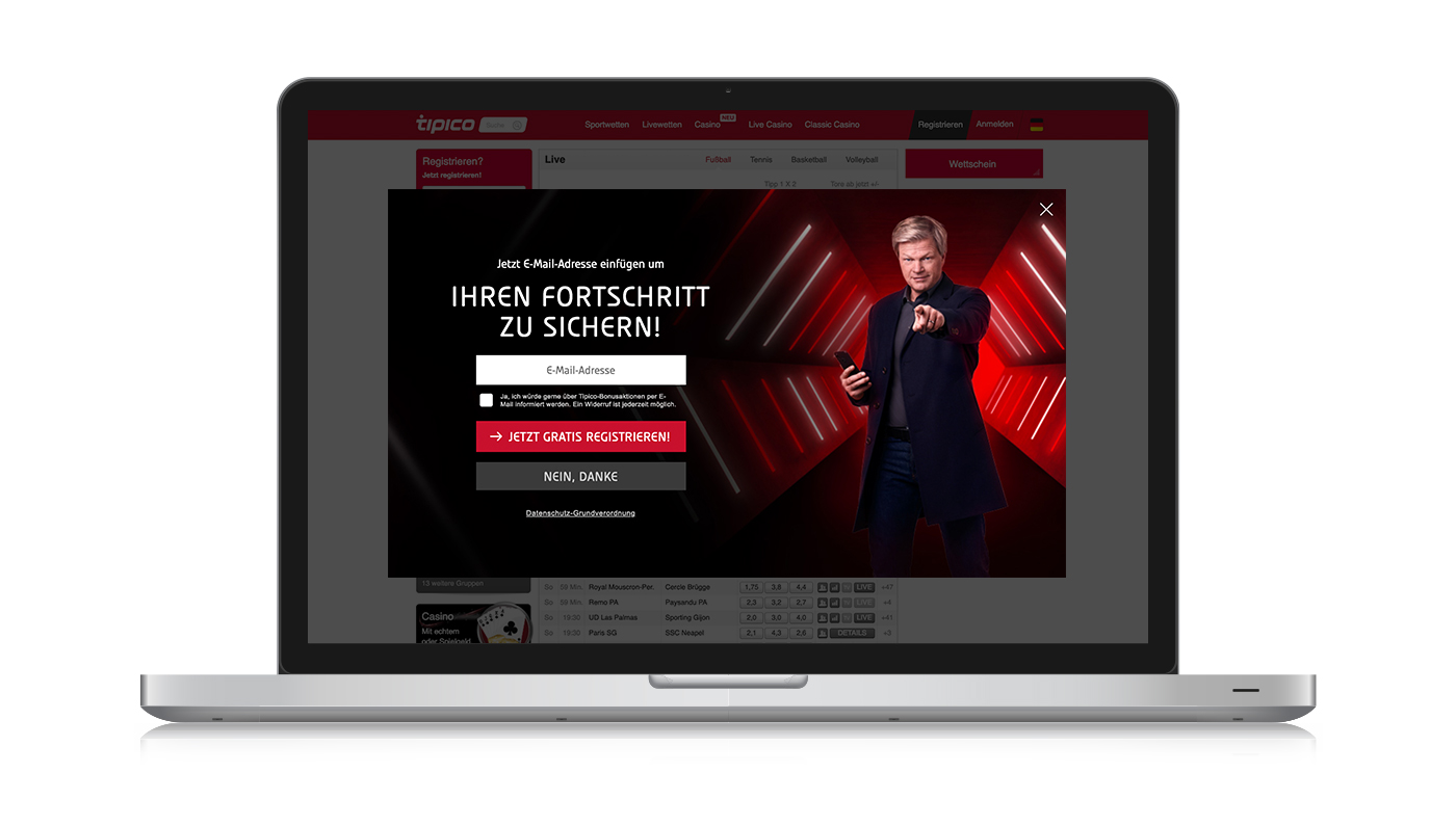Tipico - email capture overlay for German market