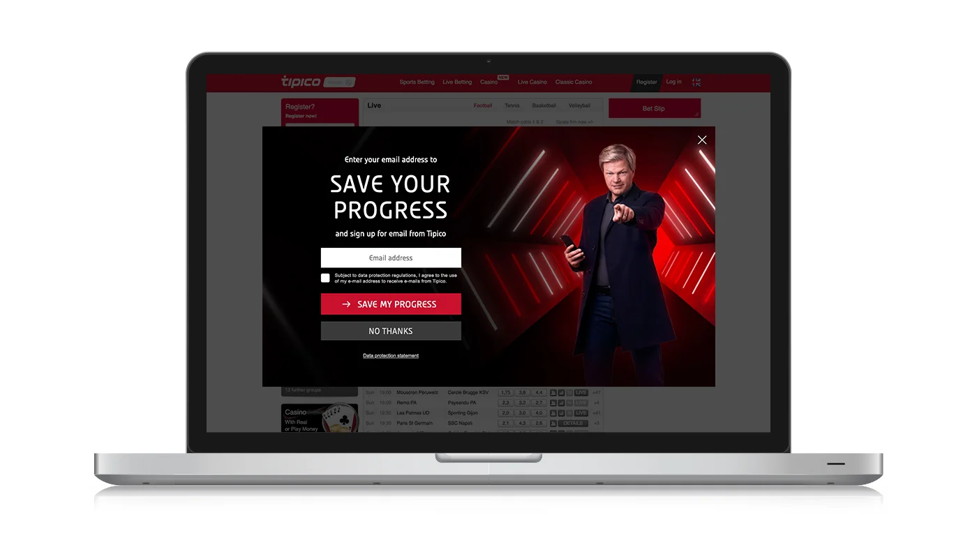 Tipico - email capture overlay for English market