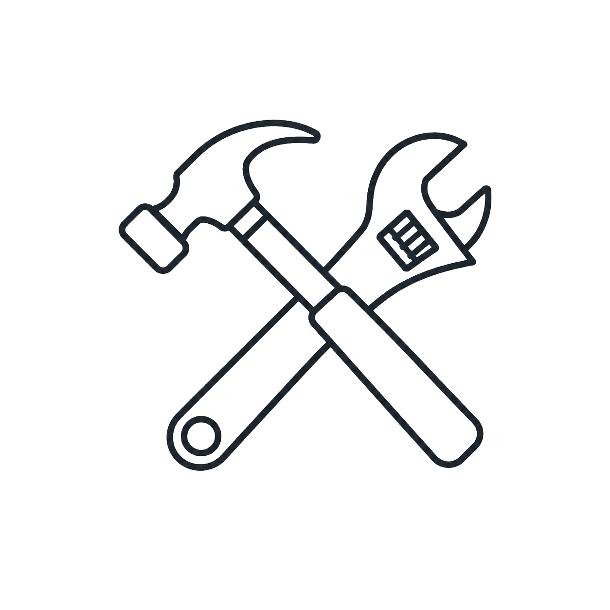 Outline icon of a hammer and a wrench crossed over each other.