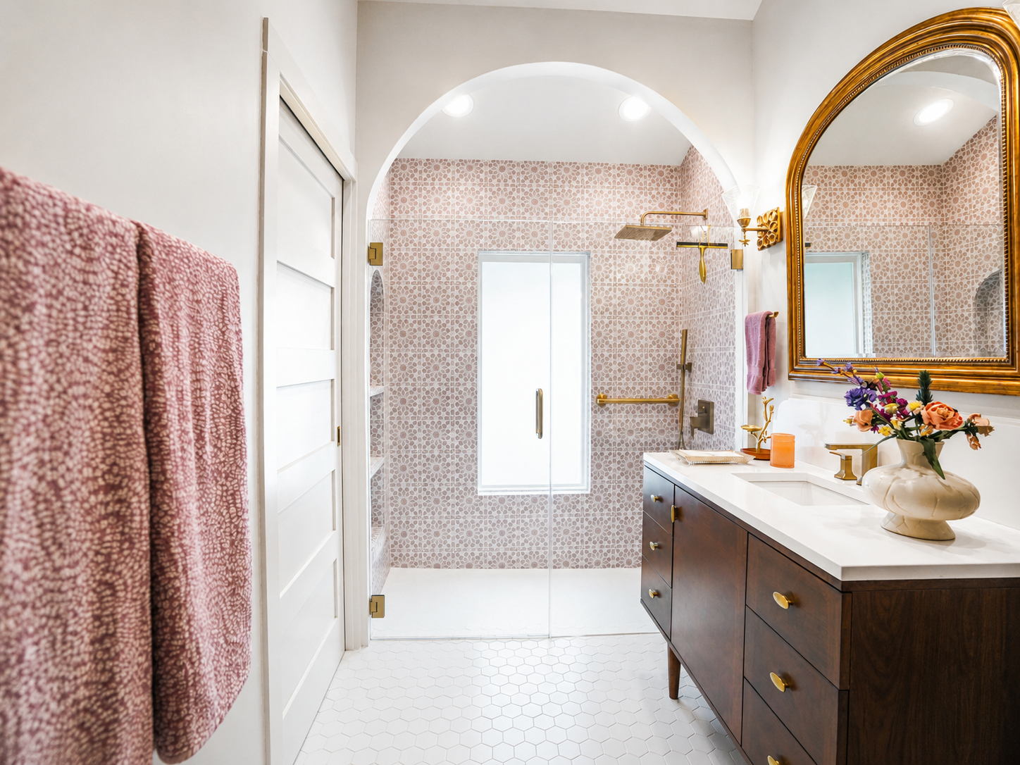 Modern bathroom with a glass shower enclosure, pink patterned wallpaper, a large mirror with a gold frame, a dark wood vanity with gold knobs, a white countertop, a vase with flowers, and pink towels.