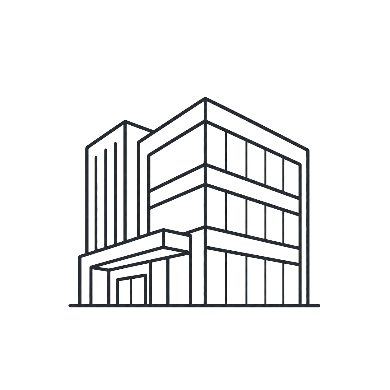 Outline drawing of a modern multi-story office building with large windows.