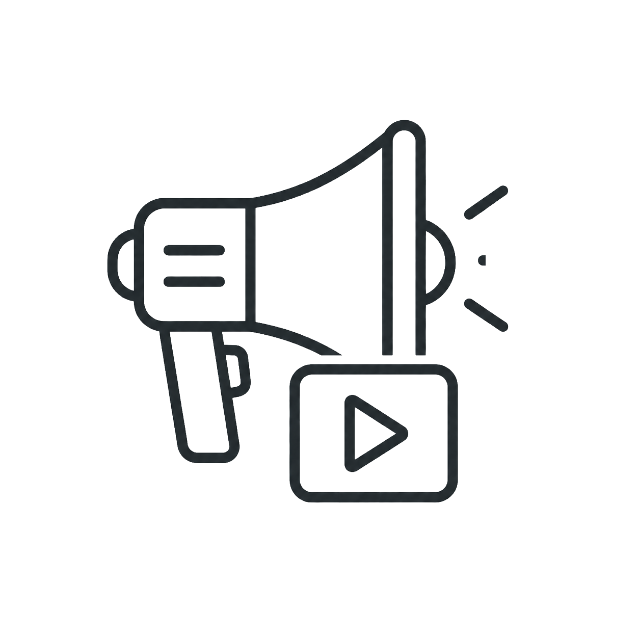Icon of a megaphone with a play button, representing video announcement or sharing.