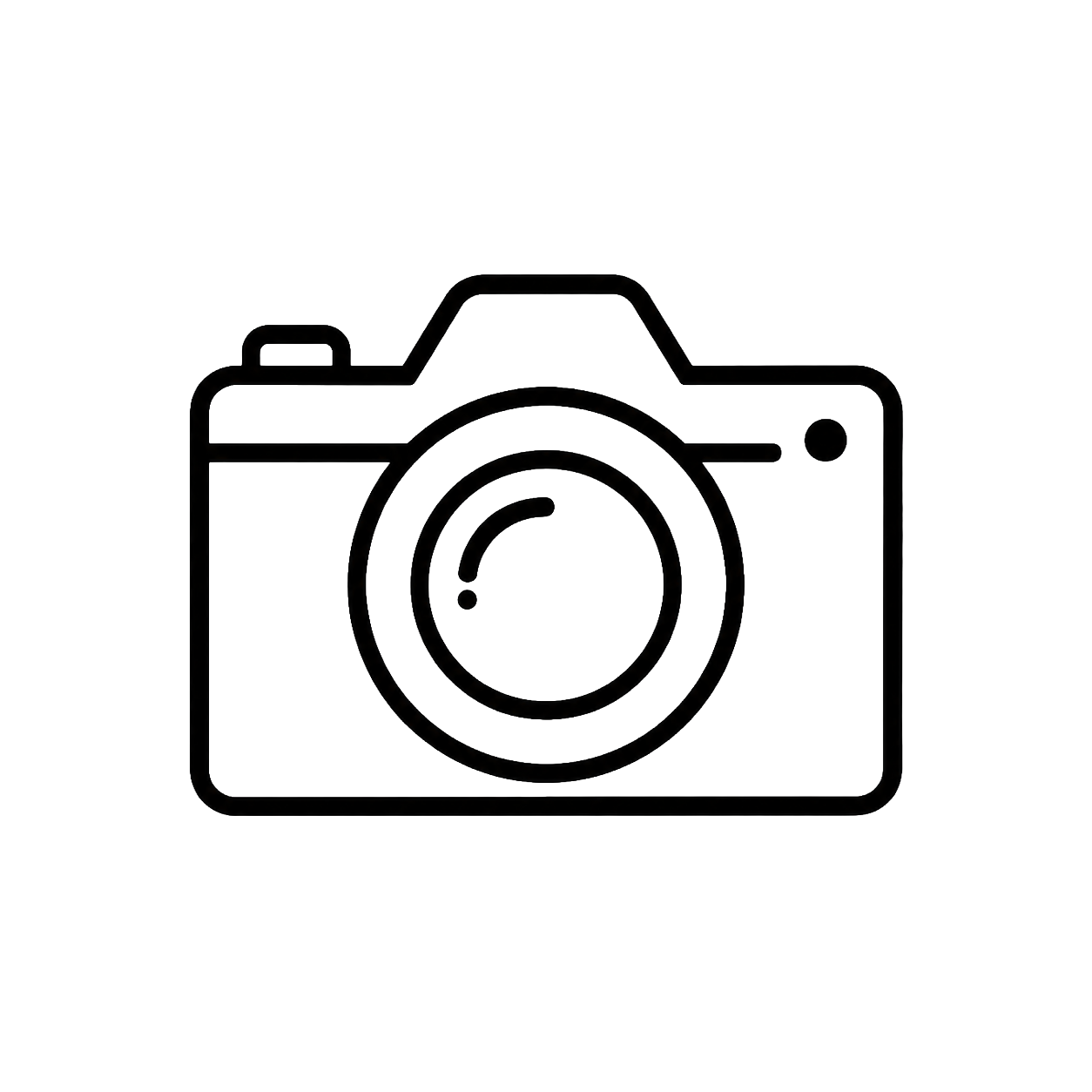 Outline of a camera with a large circular lens in the center.