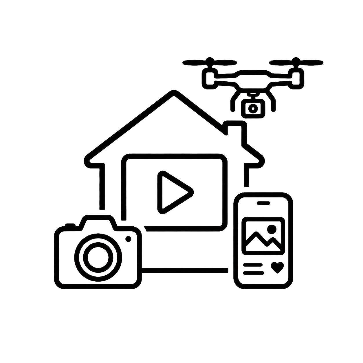 Outline icon depicting a house with a play button on the front, a camera to the left, a smartphone to the right with a heart and image icon, and a drone above.
