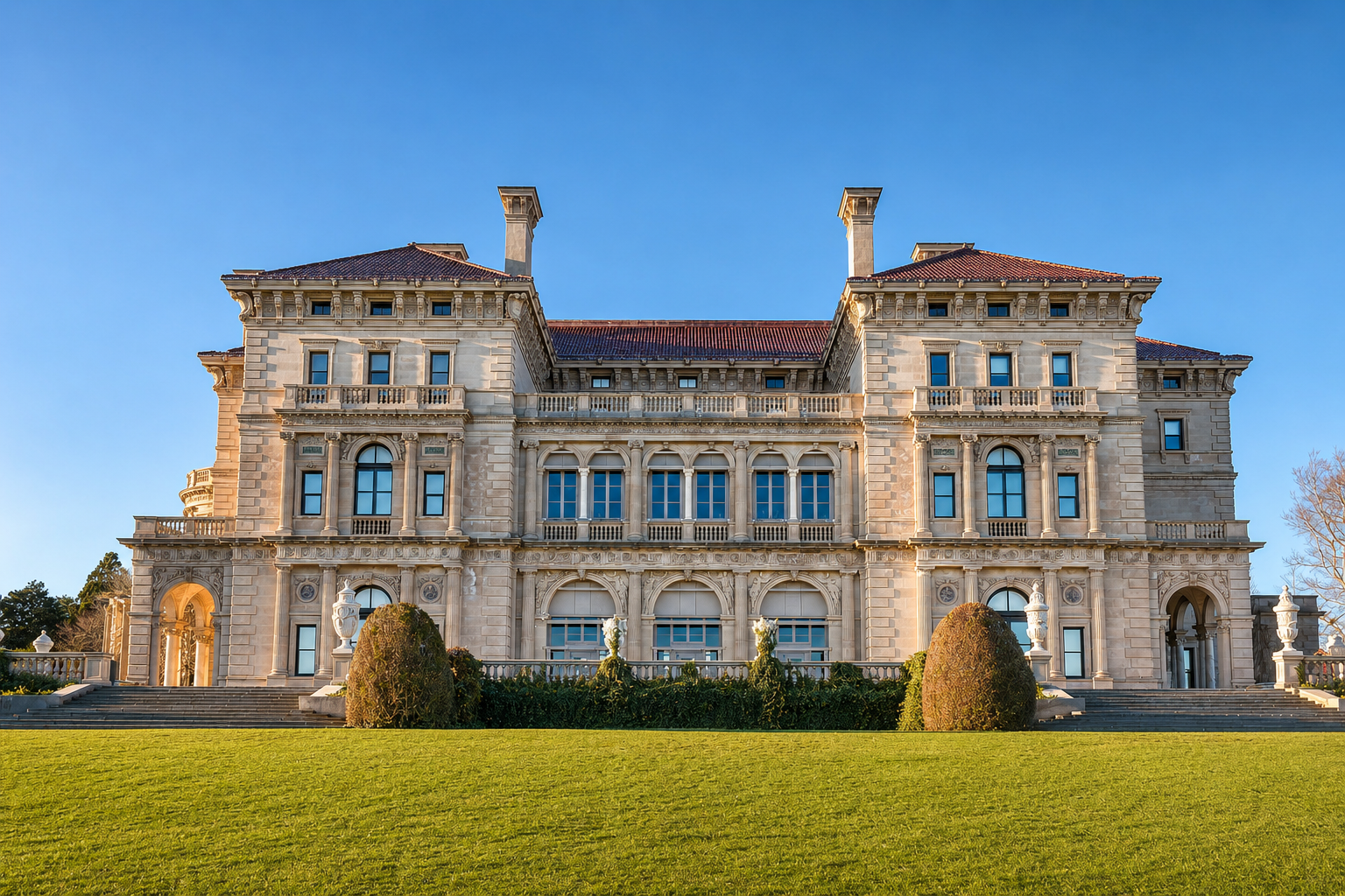 Large historic mansion with ornate stone architecture, multiple stories, balconies, and a well-manicured lawn in front, under a clear blue sky.
