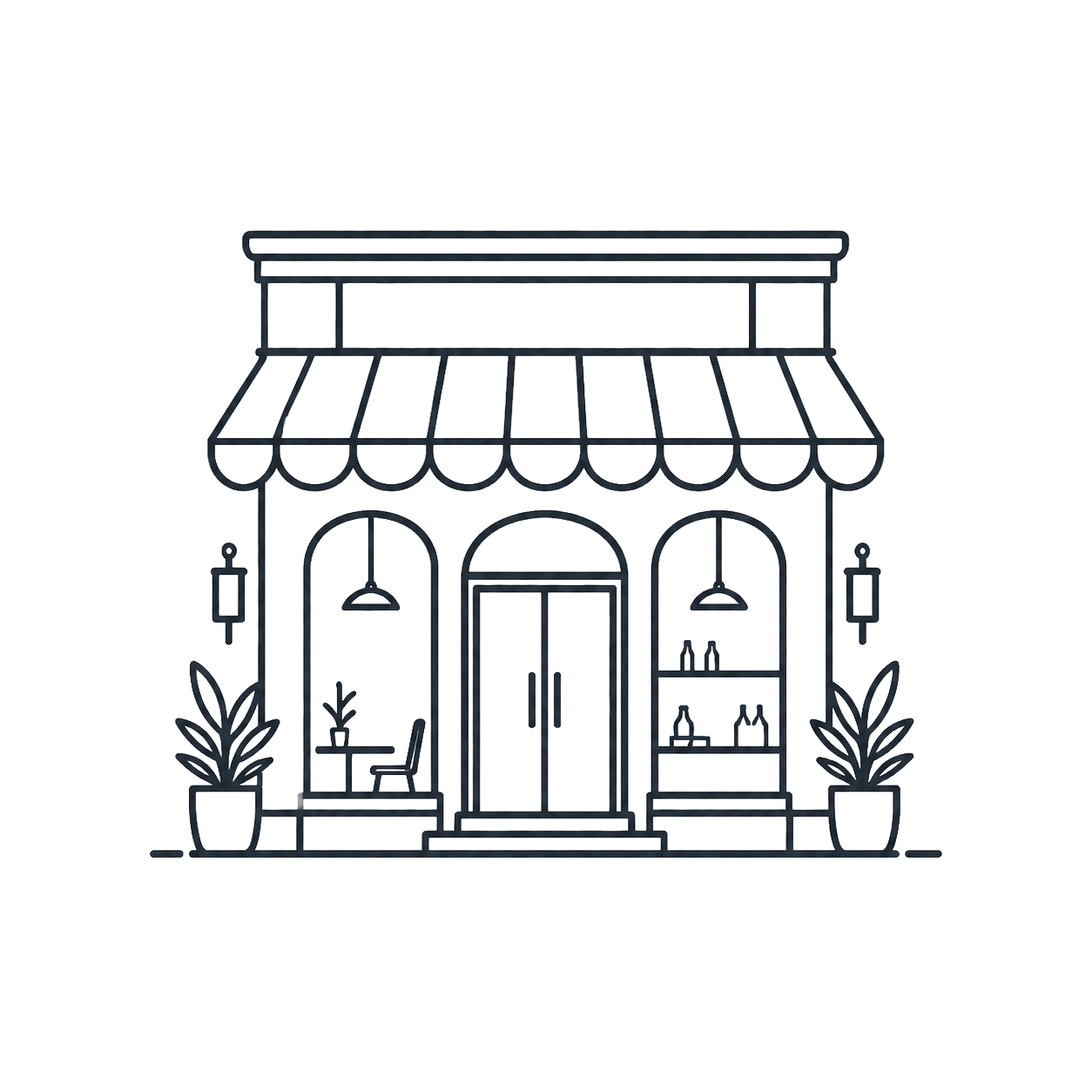 Line drawing of a storefront with an awning, potted plants on each side, and a door flanked by two large windows. Inside, there are hanging lights and shelves with bottles.
