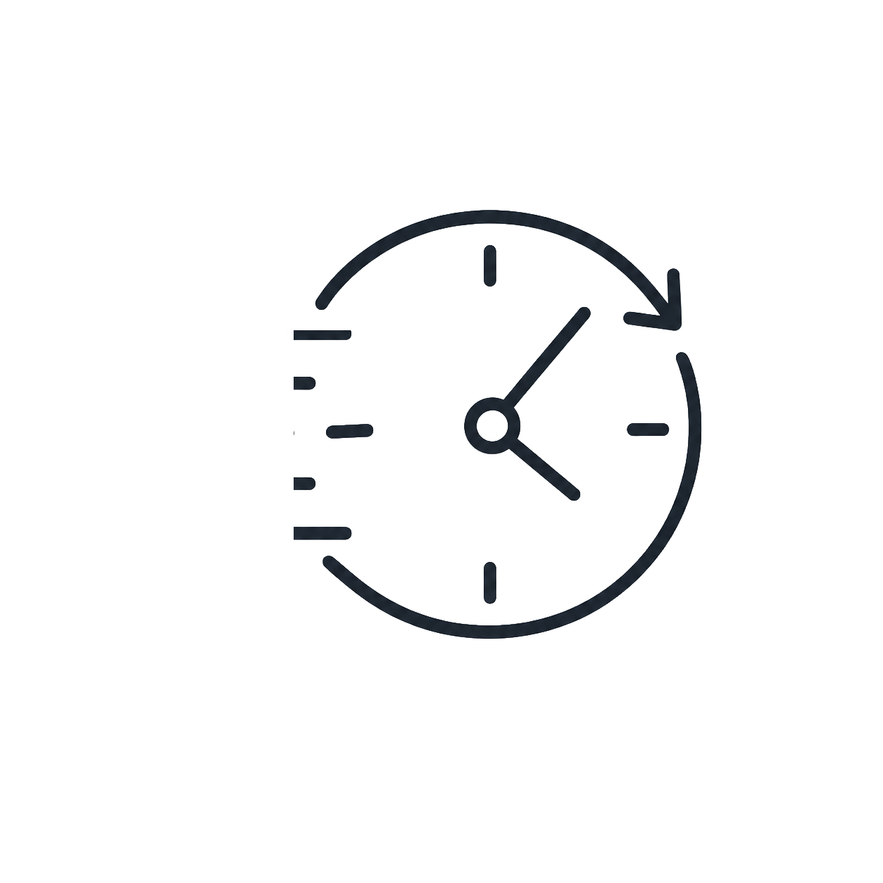 A black and white outline of a clock showing the time 3:07 with a curved arrow indicating a change in the time.