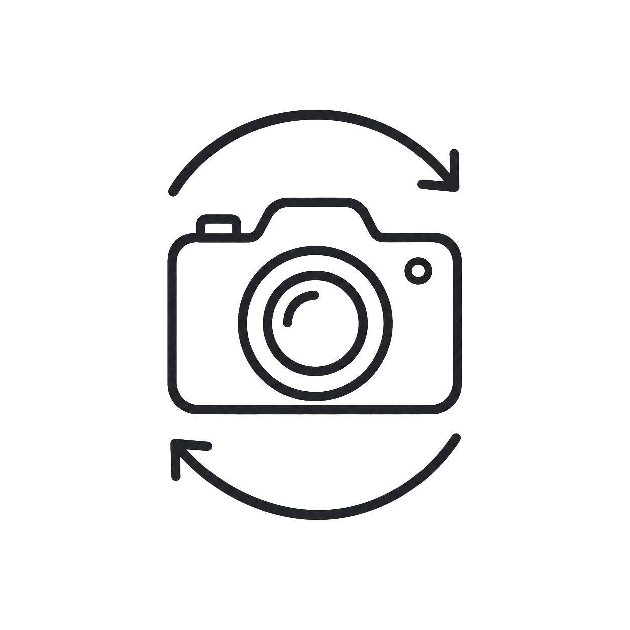 Line drawing of a camera with arrows indicating rotation or flipping.