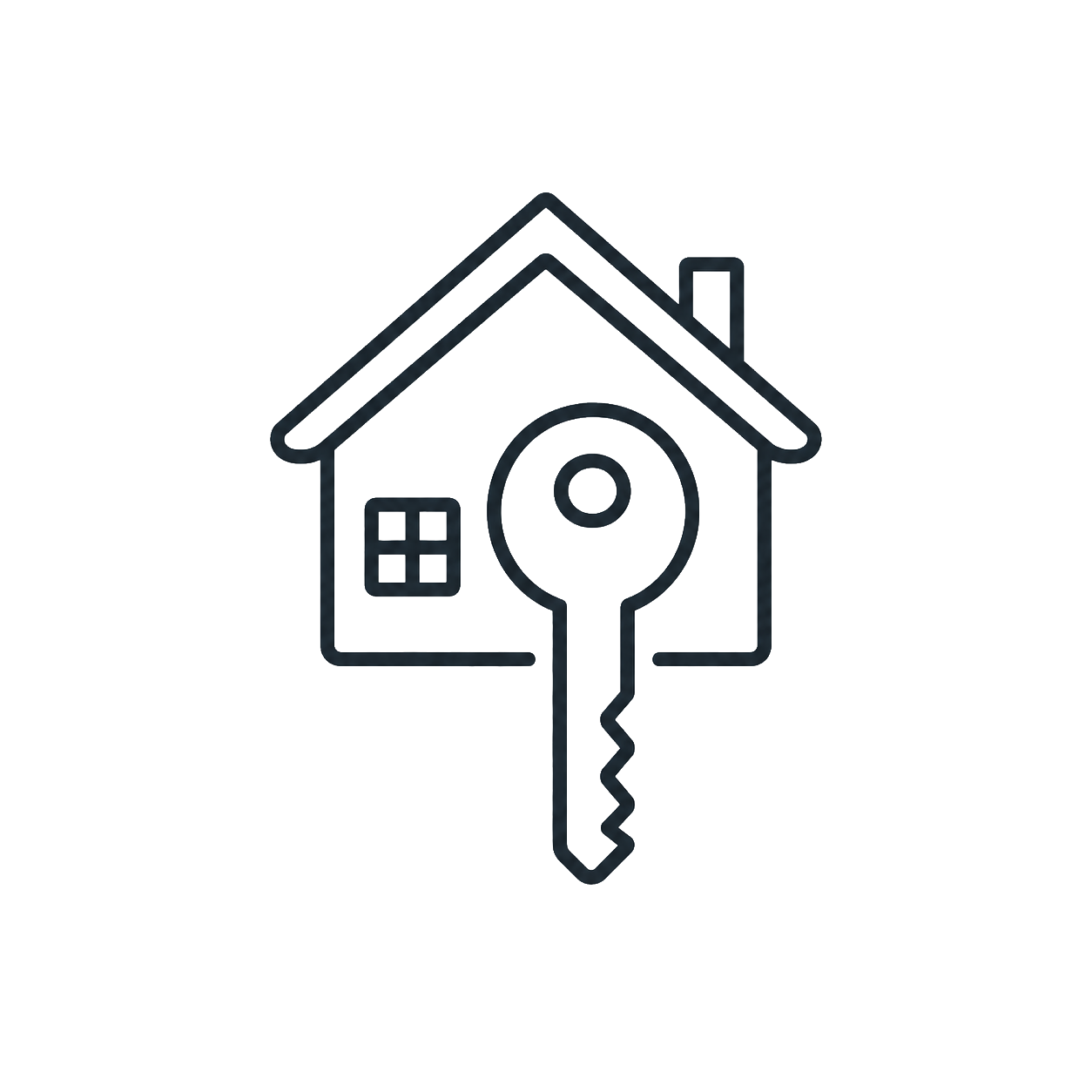 Simple outline of a house with a key in front of it.
