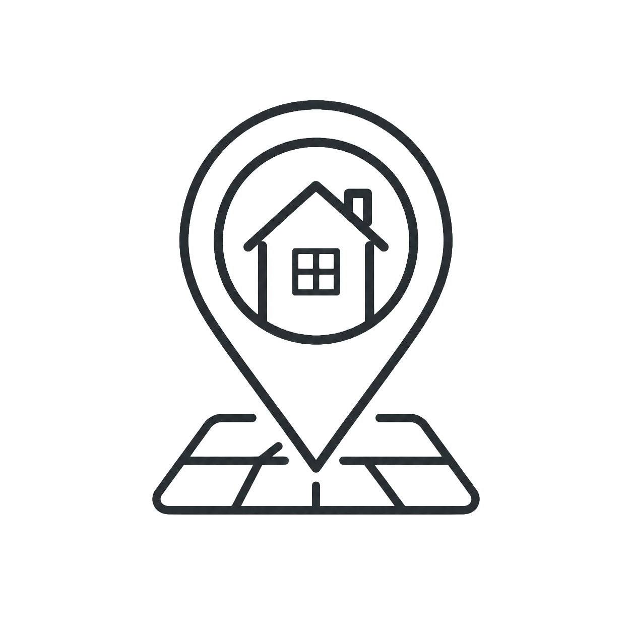 Outline icon of a house inside a location pin on top of a map.