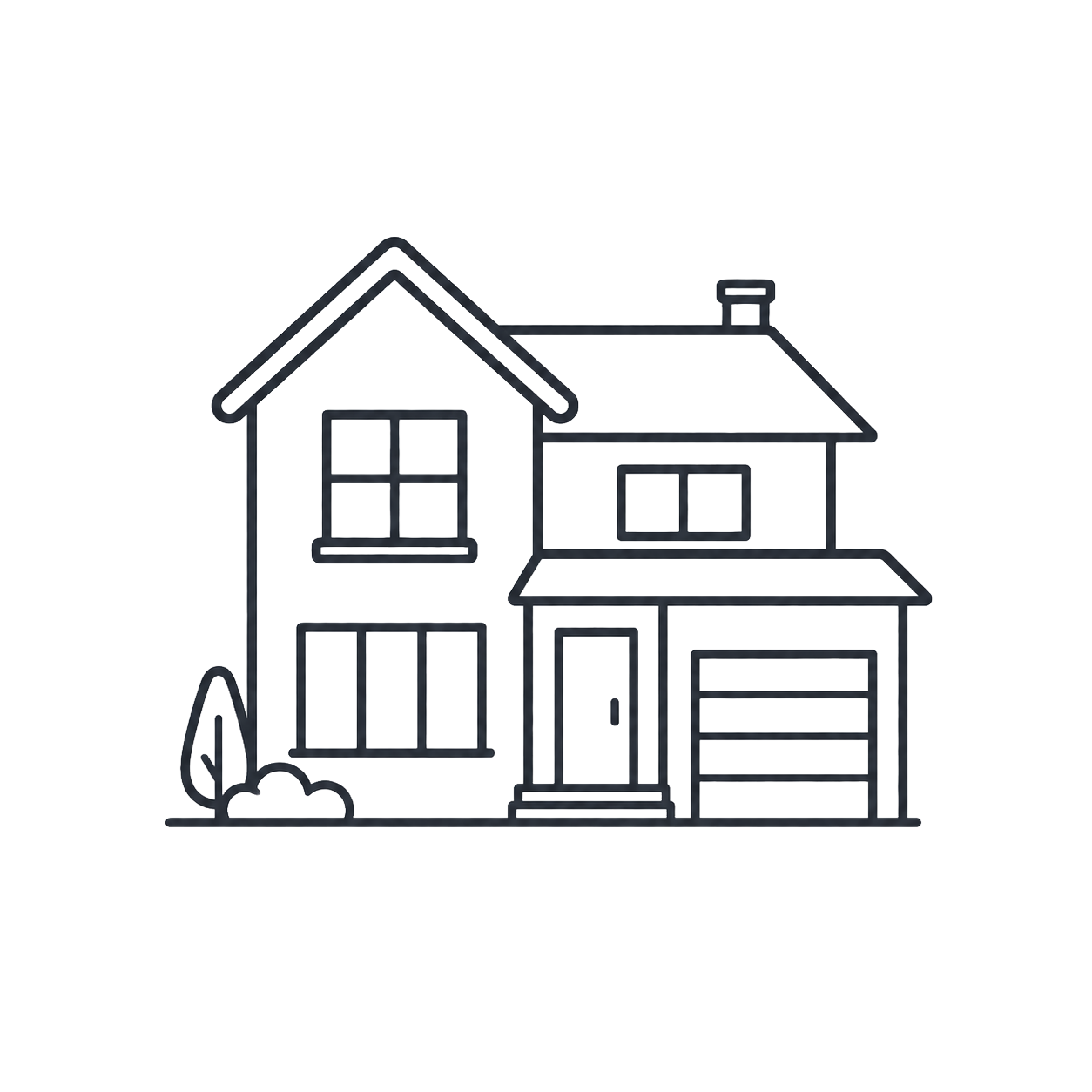 Line drawing of a two-story house with a garage, front door, windows, and some landscaping.