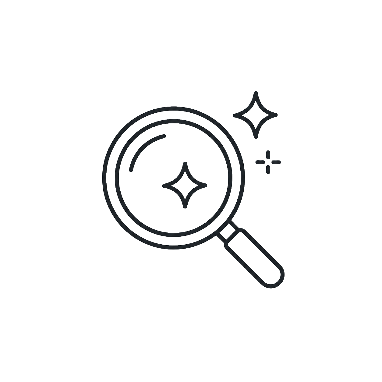Line drawing of a magnifying glass with sparkles, symbolizing search or discovery.