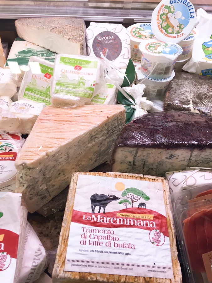 A peek at Fresca Italia's Fanciness case, packed with rich, soft, Italian water buffalo cheeses.