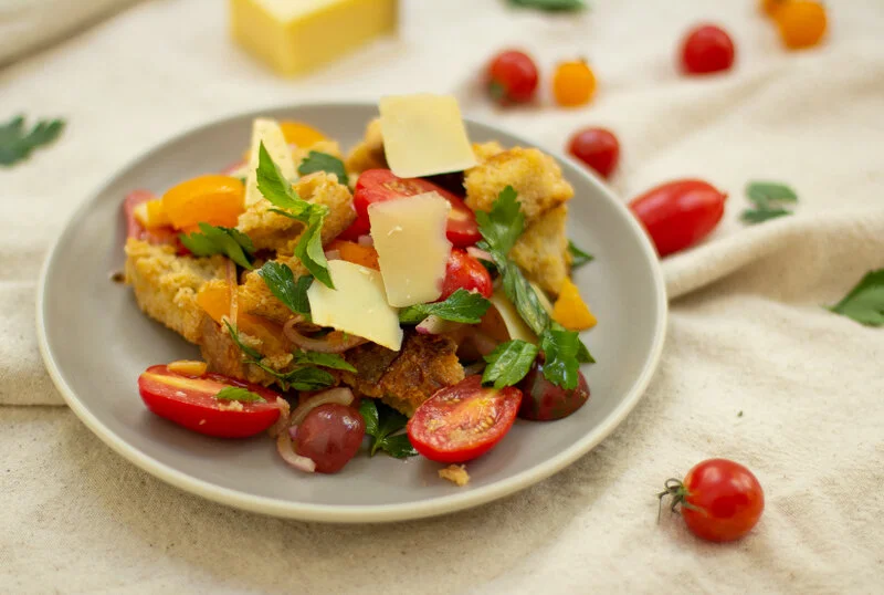 Easy peasy Comté panzanella salad summer recipe