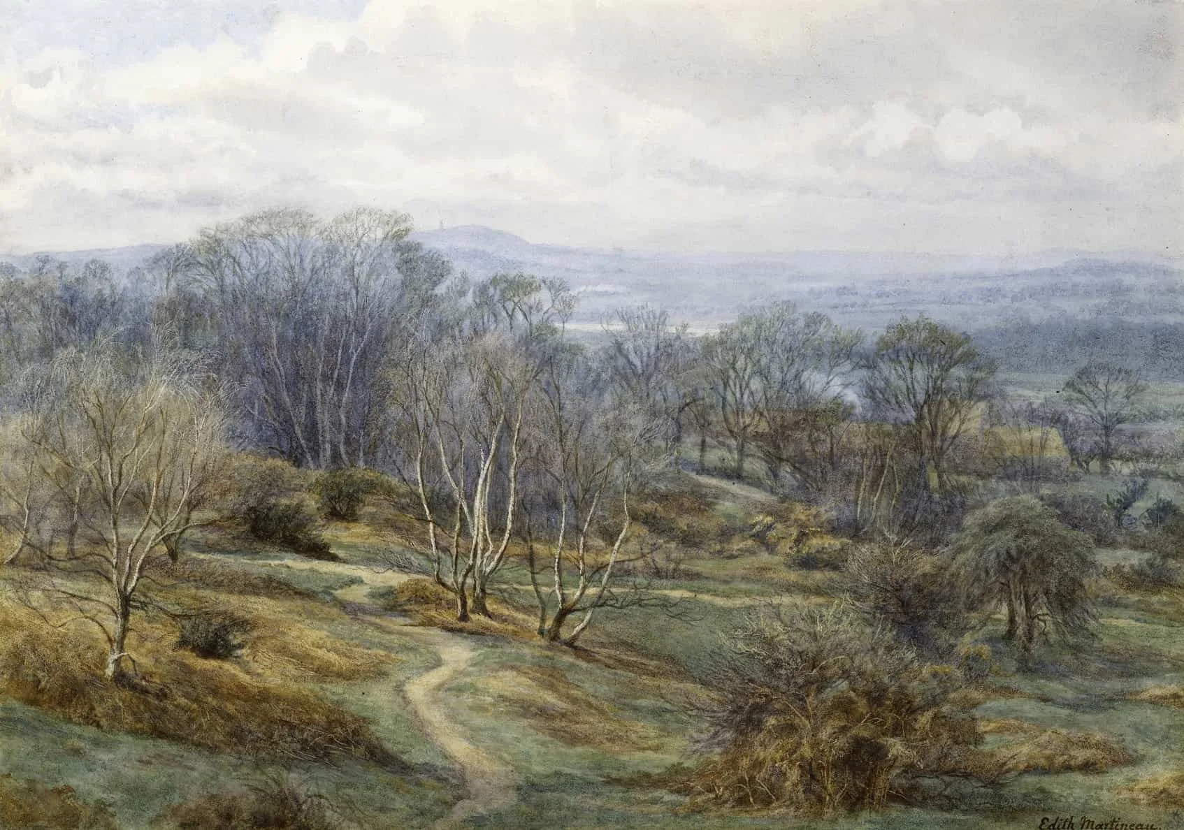 1905 Edith Martineau - Hampstead Heath looking over to Harrow on the Hill, Brent Reservoir, and painted in early Spring, from just by the Spaniards.jpg