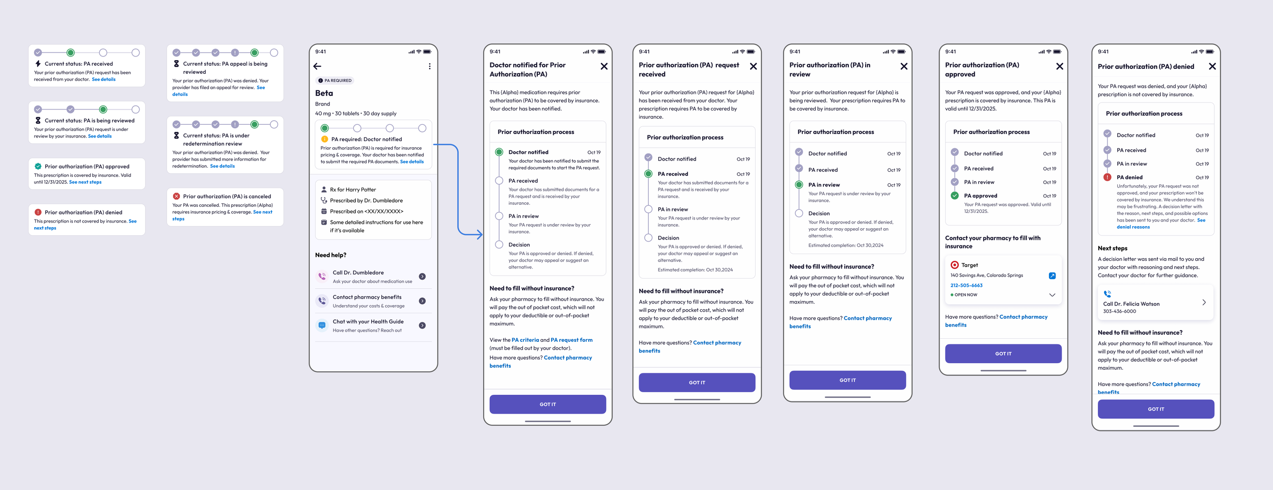 Prior authorization pizza tracker UI