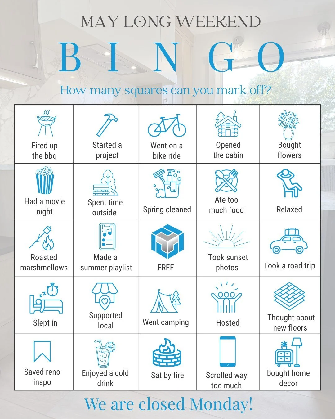 Happy May Long Weekend&hellip; even if Saskatchewan forgot it&rsquo;s supposed to be spring ❄️😂

How many of the squares can you check off? 
Reminder: We&rsquo;ll be closed Monday and back on Tuesday!